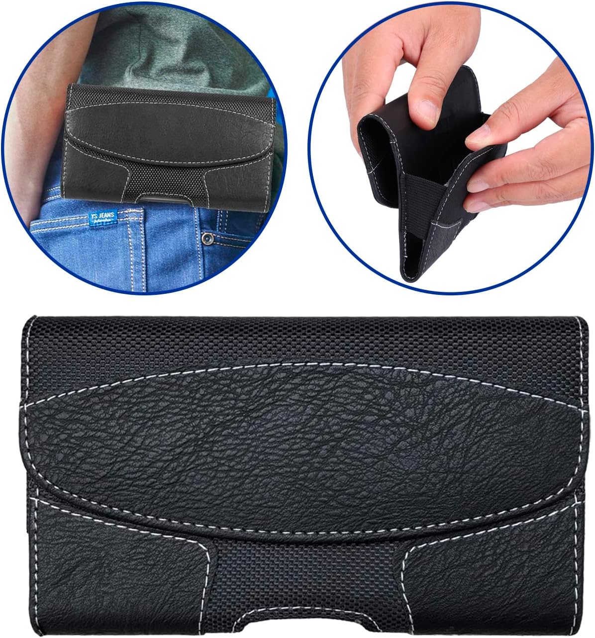 Leather Phone Holster for Men Belt for iPhone 16 15 14 Pro Max, 16 15 14 Plus, Galaxy S23 Ultra, Moto Edge 40, Maezar XXL Large Belt Clip Loop Holder Carrying Pouch Case Magnetic Closure (Black)