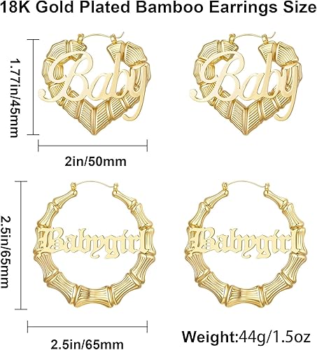 Miniatura 6 de Aretes de aro de bambú chapados en oro de 18 quilates para mujer, diseño de corazón redondo grande, estilo ghetto de los años 8090, accesorios de
