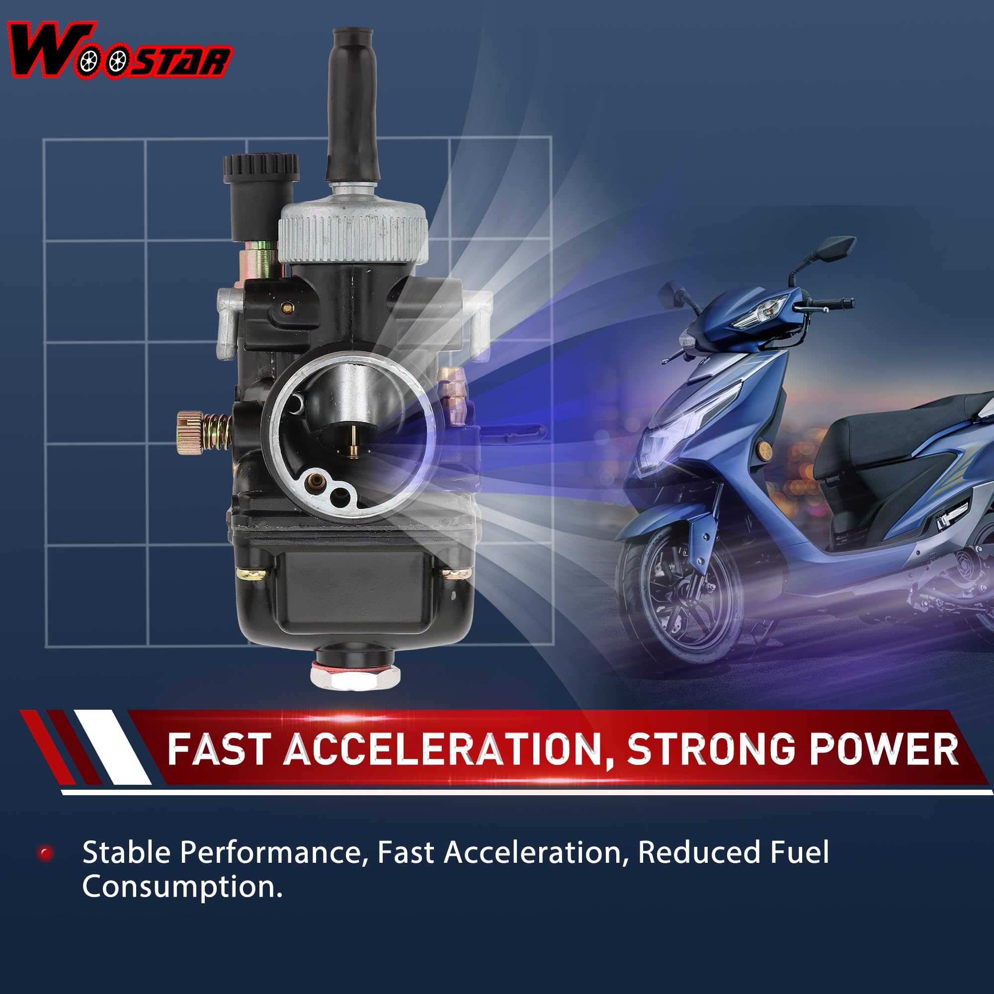 WOOSTAR PHBG 21mm Racing Carburador Reemplazo para 2 Tiempos Motor Jog50 Jog90 BWS100 DIO50 RG50 50cc 70cc 90cc 100cc Scooter Dirt Pit Bike