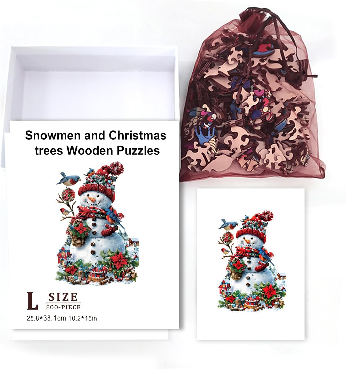 GLOBLELAND 200Pcs Christmas Snowman Wooden Jigsaw Puzzles for Adults 38.1x25.8cm/15x10inch Colorful Christmas Tree Wood Puzzles for Anniversary Birthday