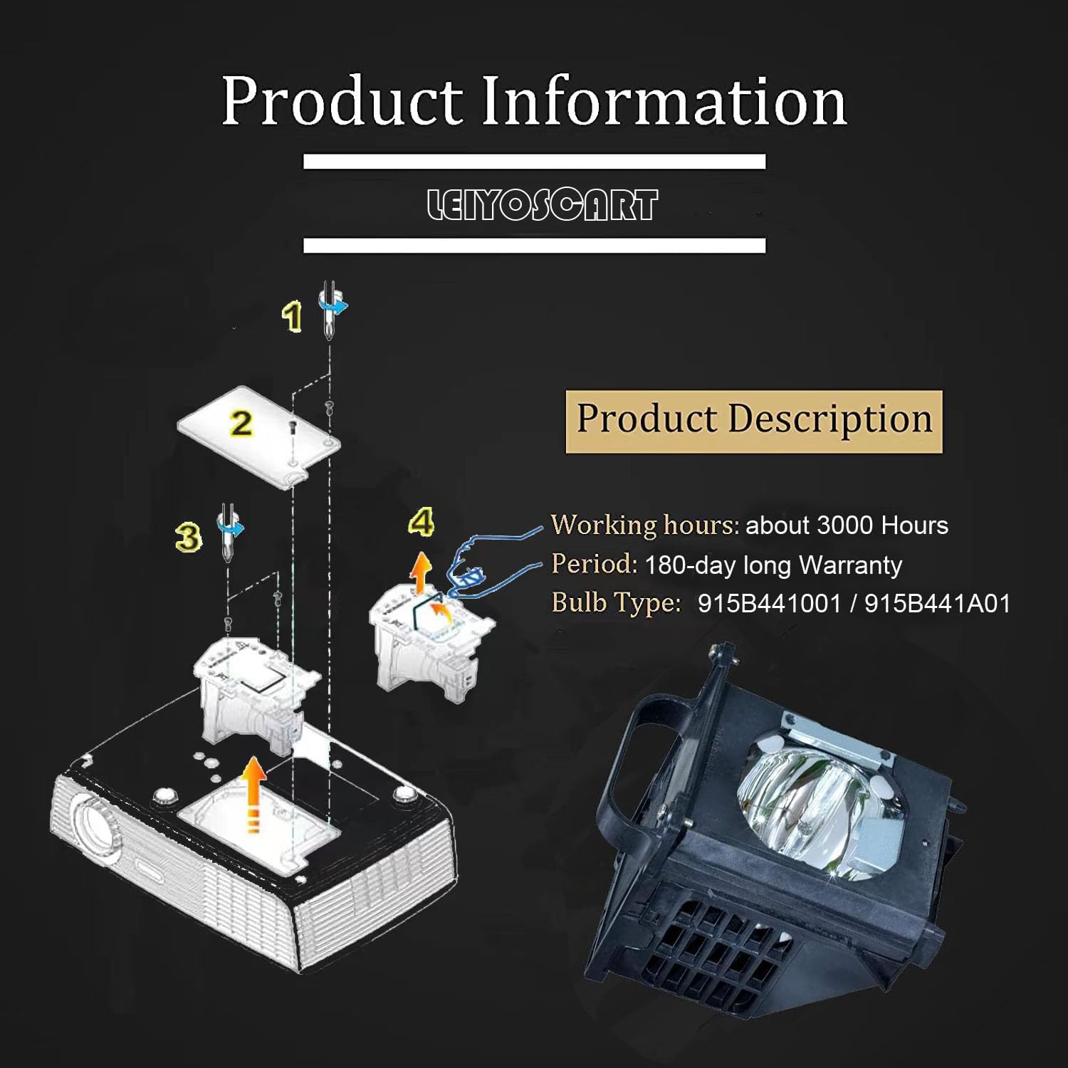LEIYOSGART 915B441001 / 915B441A01 Lamp Replacement with Housing for Mitsubishi WD-65738 WD-65638 WD-73C10 WD-73838 WD-60638 WD-65C10 Rear Projection TV