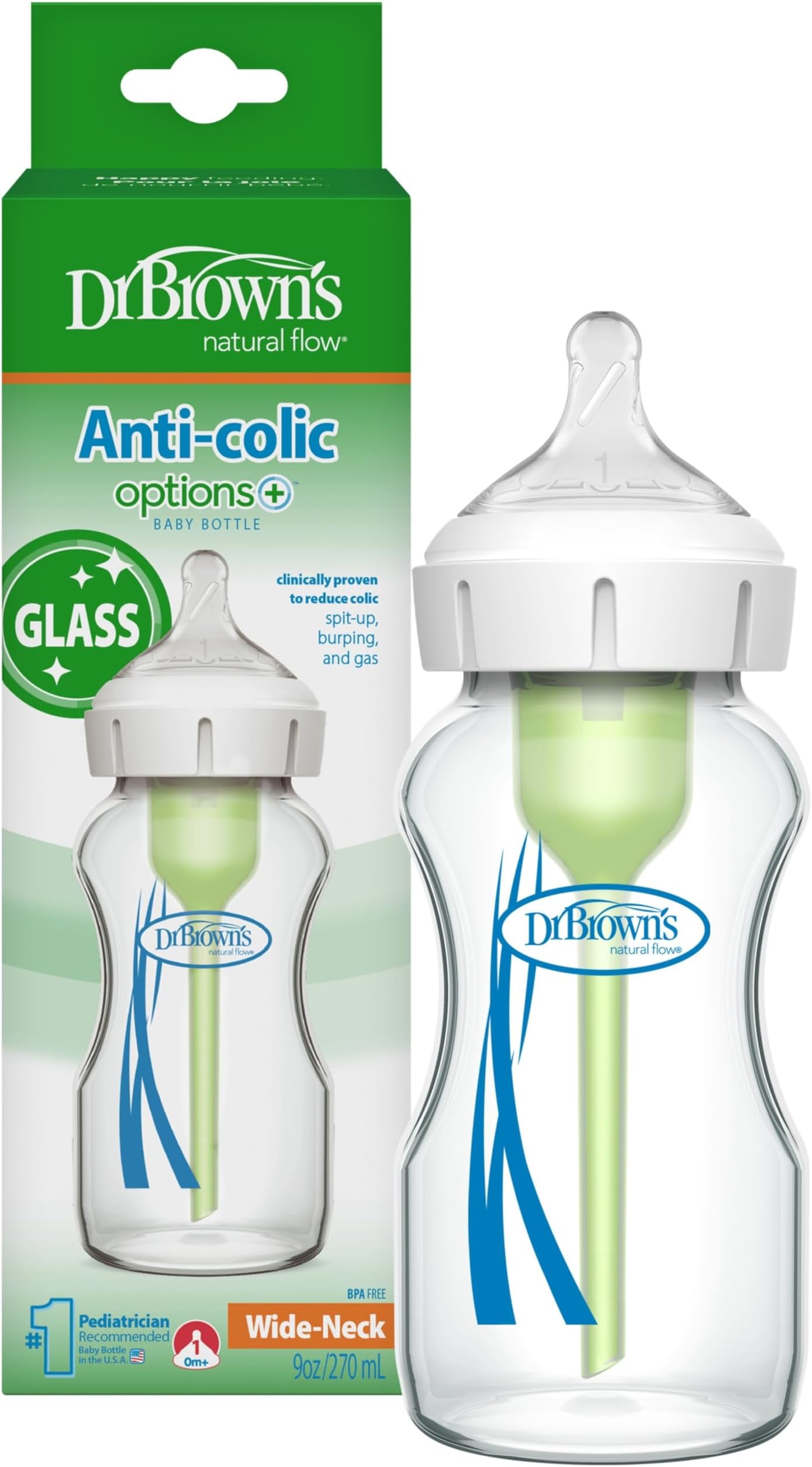 Natural Flow Anti-Colic Options+ Wide-Neck Glass Baby Bottle 9 oz/270 mL,with Level 1 Slow Flow Nipple,1 Pack,0m+