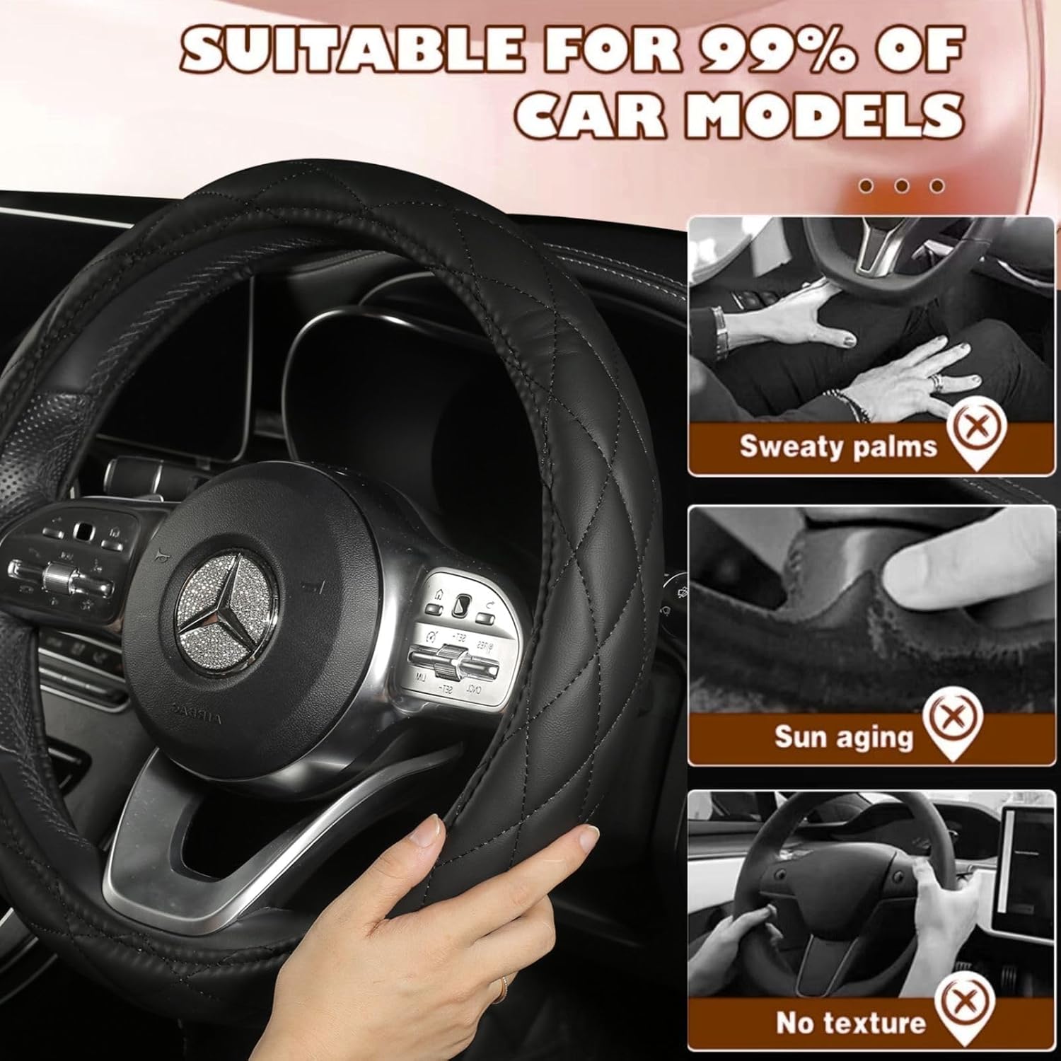 Heated Steering Wheel Cover - WARMITORY Luxury Steering Wheel Heater, 12V Quick Hand Warmer, 14.5-15 inches Outer Diameter for Standard-Size Car Steering Wheels, Black (Leatheret PU) (Deep Black)