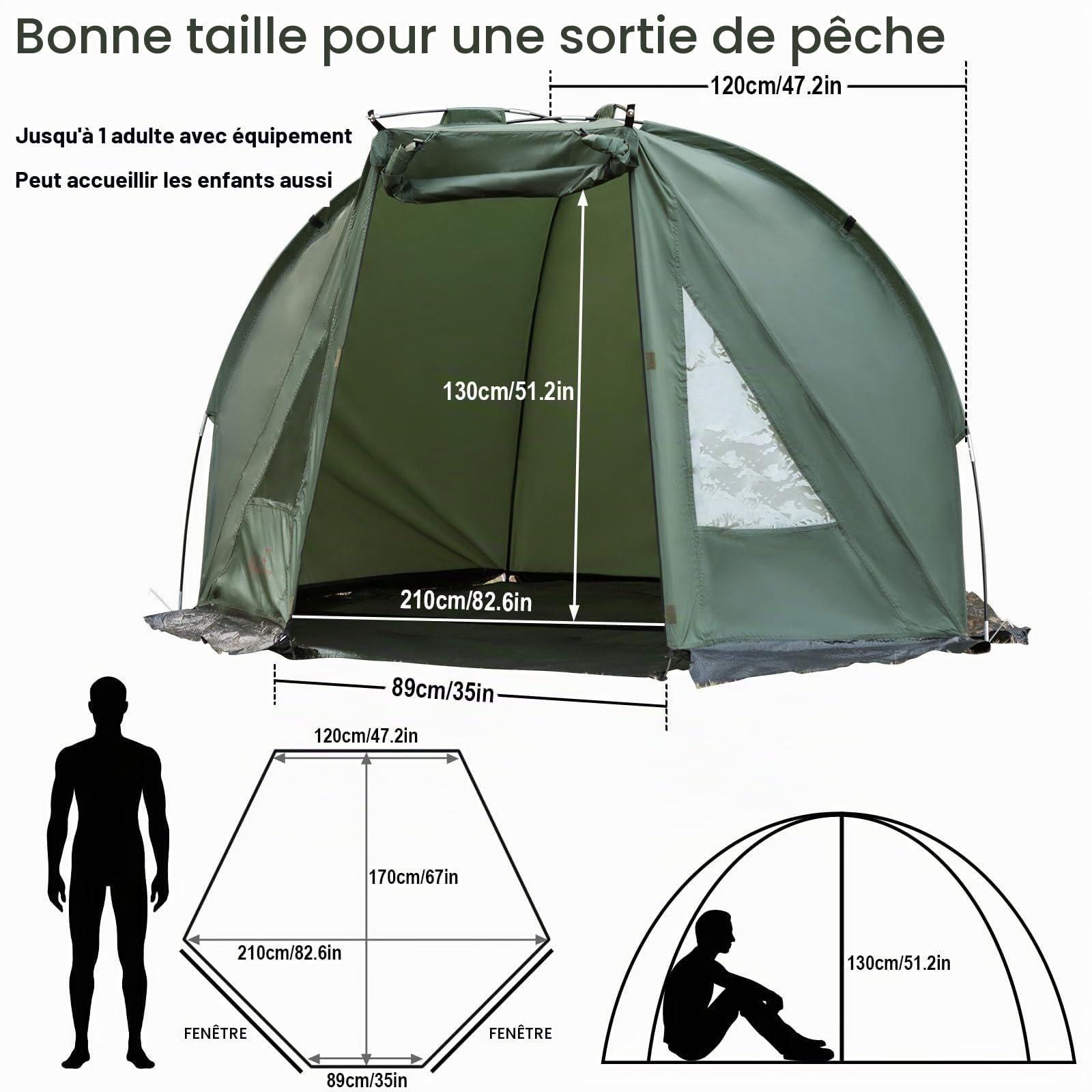 Camping Tente de Pêche Ultra léger Facile à Installer Bivouac Tente Imperméable Ventilée pour Pique-Nique Randonnée Pêche en 4 Saison avec Sac de Tansport.