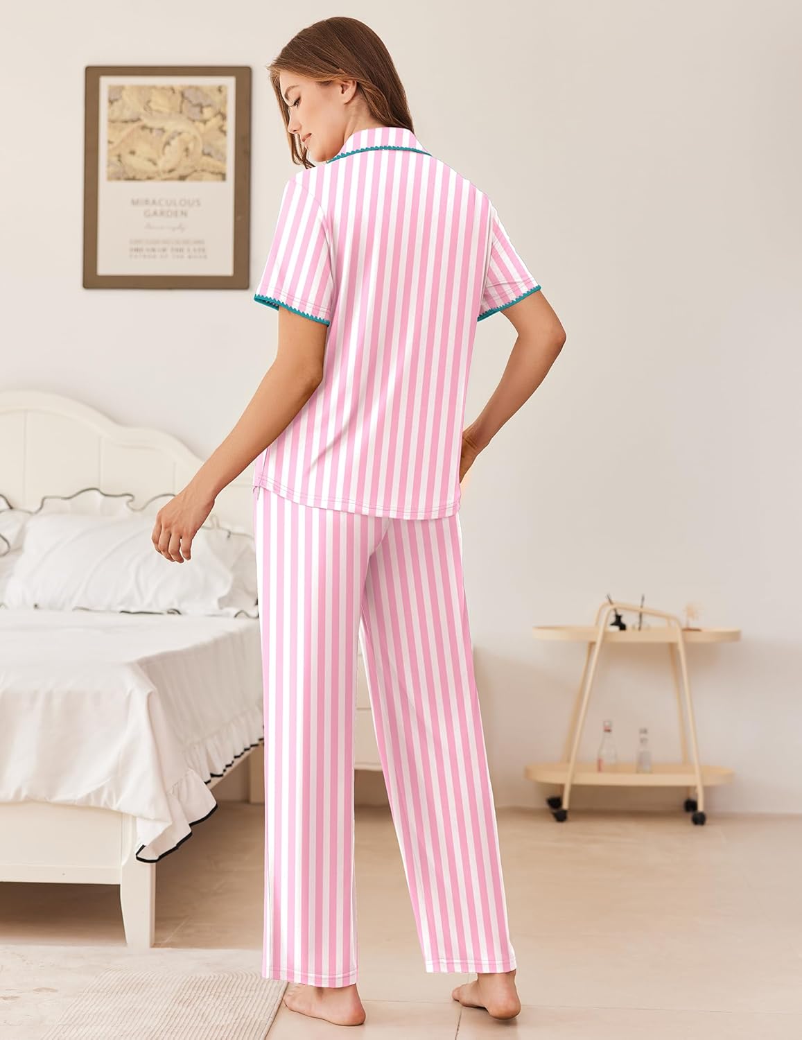 Ekouaer Women's Pajama Sets Button Down Loungewear Short Sleeve Sleepwear 2 Piece Pants Pjs Set with Pockets S-XXL - Image 3