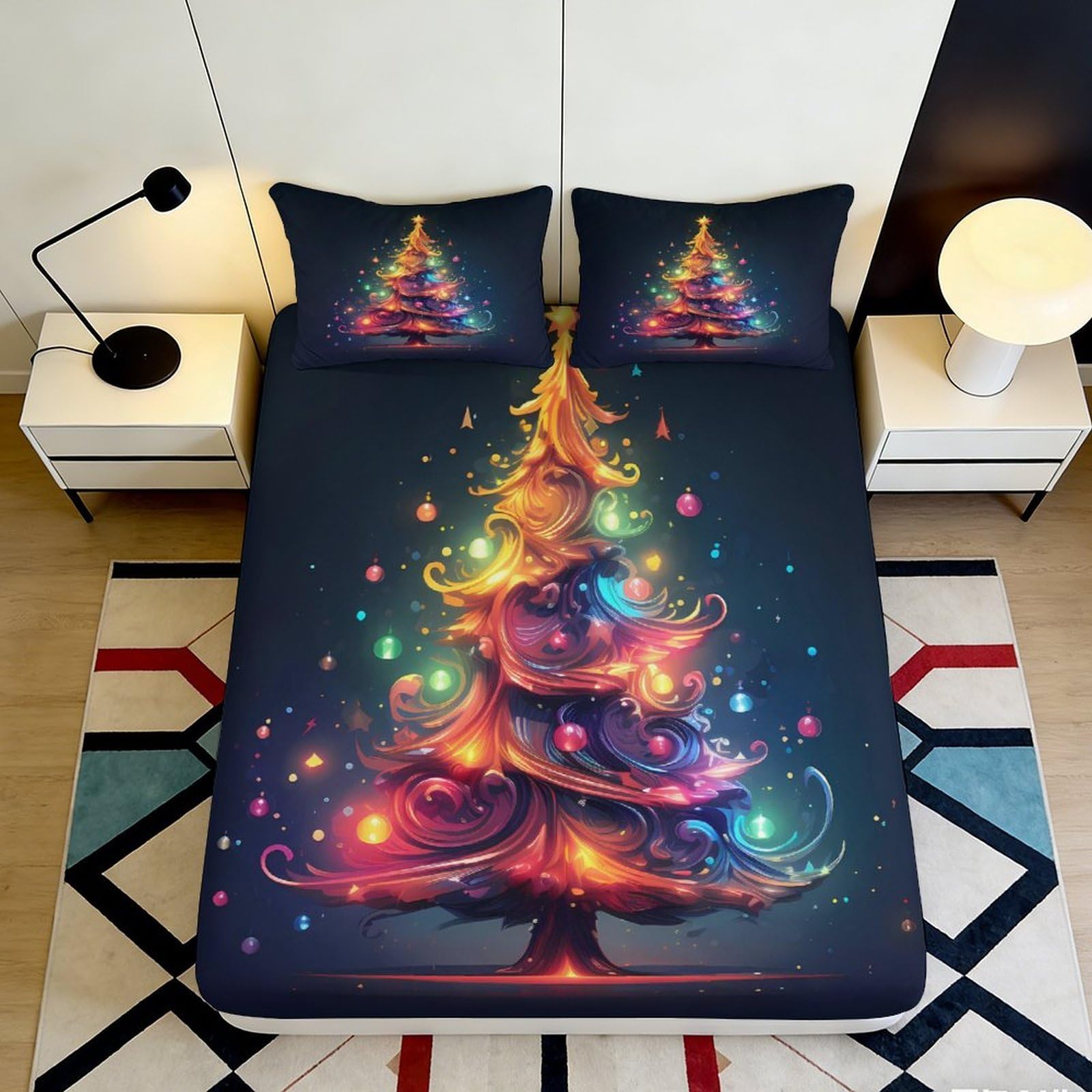3D Printed Colorful Christmas Tree Fitted Sheet Microfiber Soft Breathable Festive Lights Bed Cover for Bedroom Dormitory Guest Room Mattress Protection 180x200x25cm