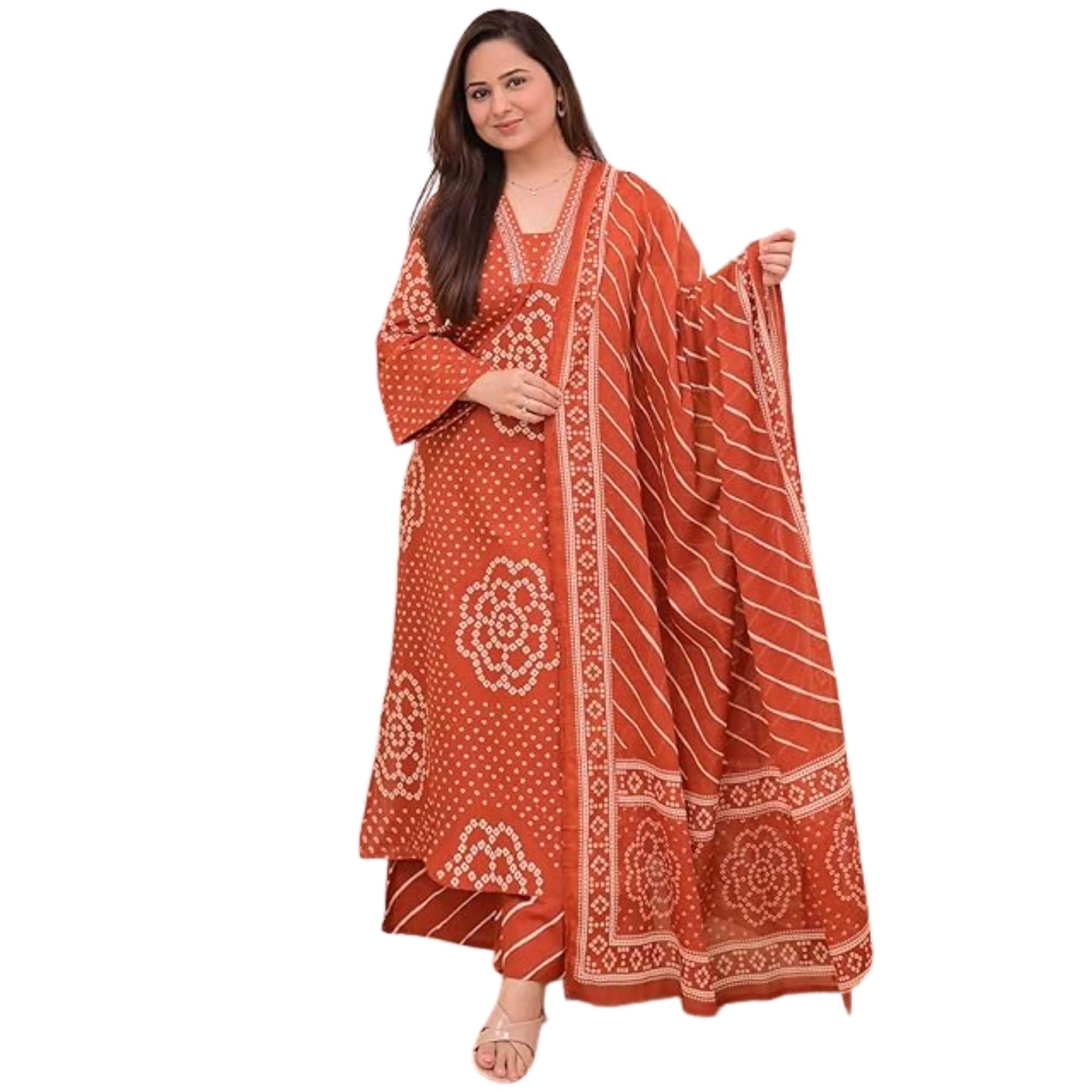 silk and soul Women's Bandhani Printed Cotton Kurta Pant Dupatta Set | Ethnic Straight Kurti Palazzo Set for Women | Traditional Salwar Suit for Festive Party Casual Office Wear-picture-18