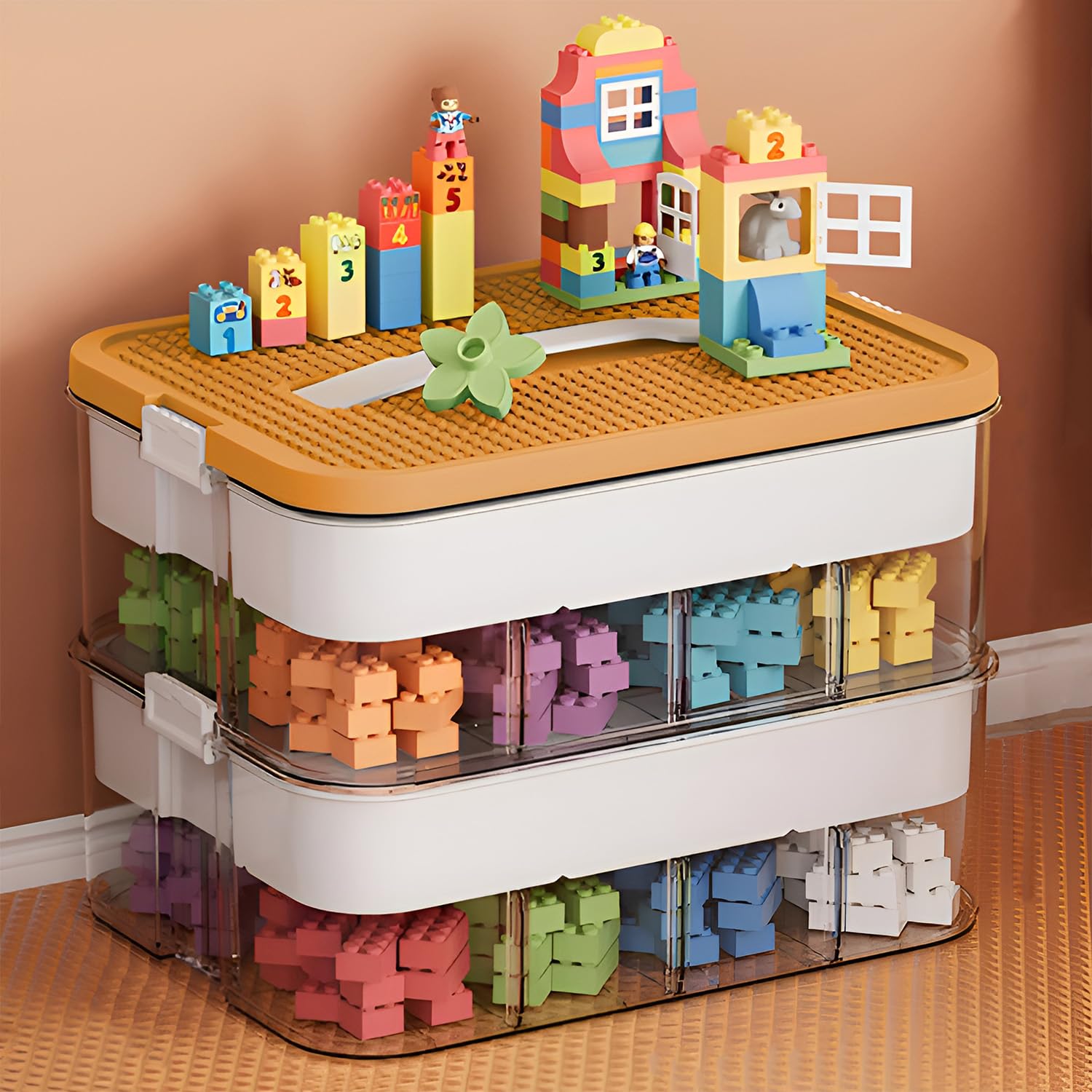 Aufbewahrungsbox für Lego Bausteine,Kisten Spielzeug Aufbewahrung mit Deckel,Sortierboxen Kleinteile Stapelbar (Zwei Ebenen-Gelb)