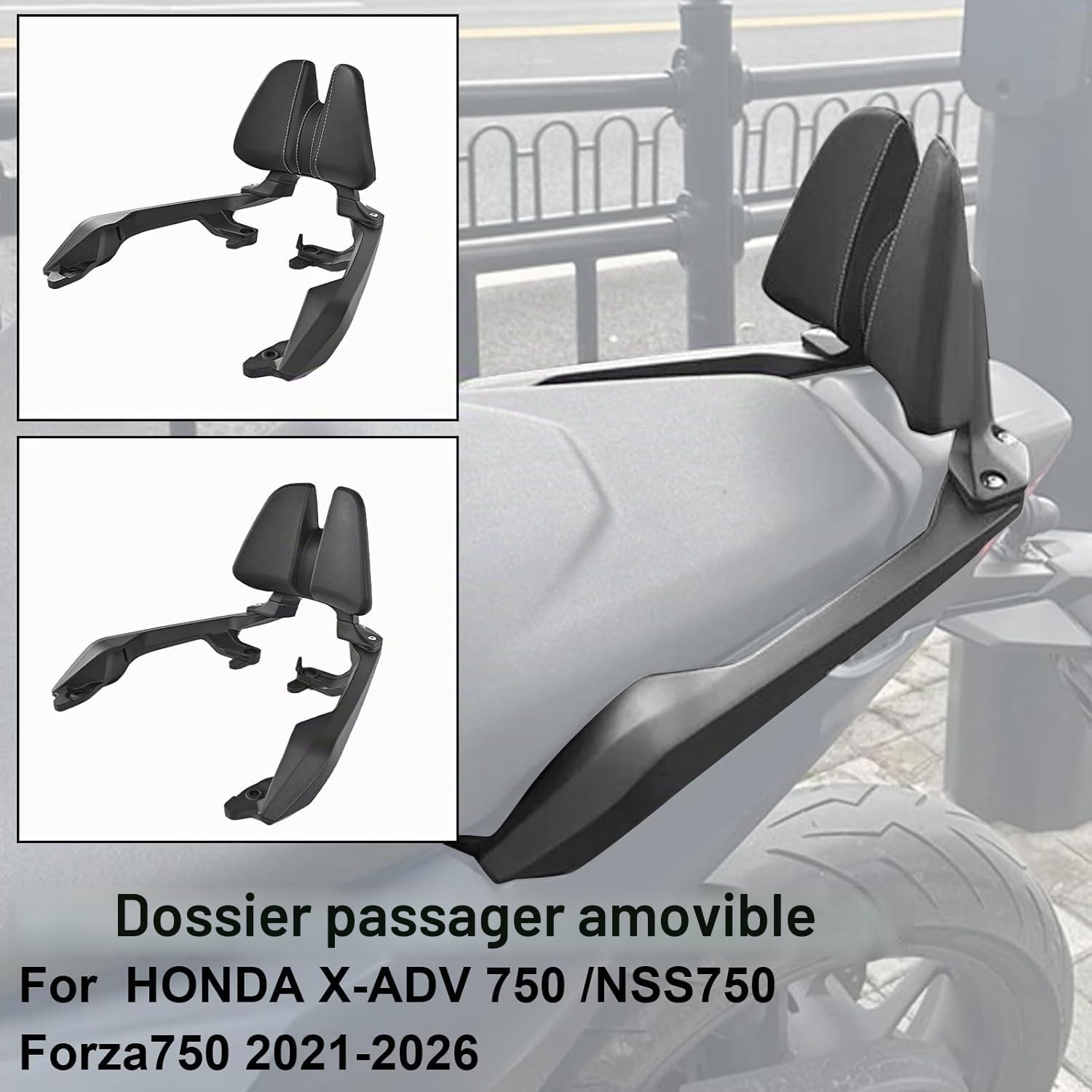 Sissy Bar avec dossier de moto compatible avec Honda X ADV 750 FORZA 750 NSS 750 2021-2026 Dossier passager amovible et porte-bagages XADV750 FORZA750 NSS750 (A-Noir)