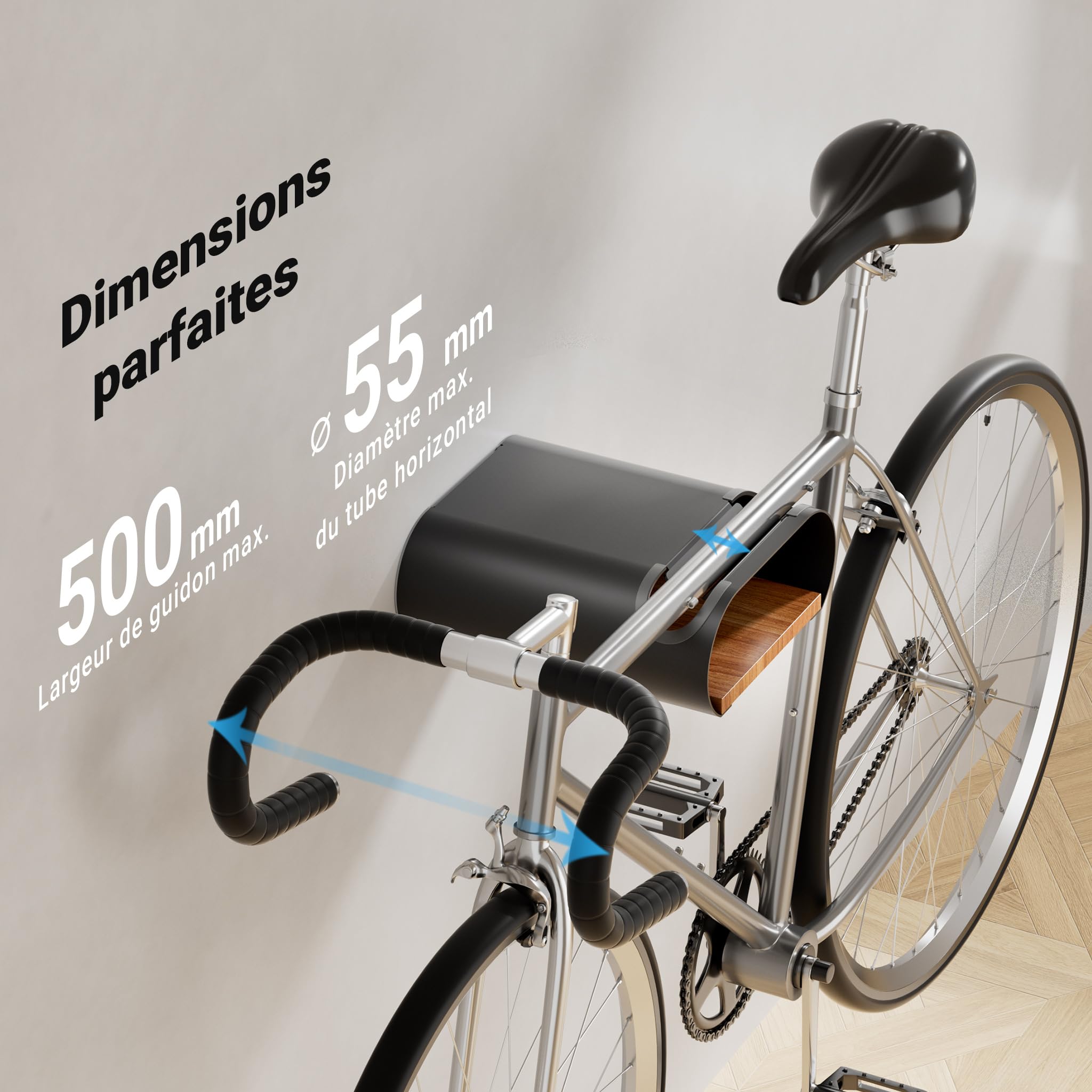WilTec Support Mural pour vélo 25,6 x 30 x 11,4 cm jusqu'à 25 kg, Support Universel pour Bicyclette, Suspension de vélocipède Ø 55 mm Tube supérieur & 500 mm Largeur du Guidon