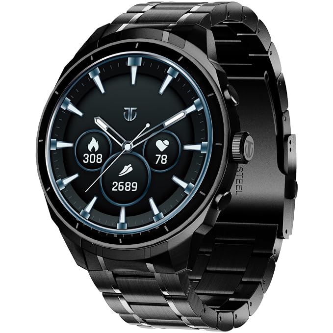 Titan Heritage 1.43" AMOLED Stainless Steel Bracelet Smart Watch for Men, BT Calling, Voice Assistant, Quick Health Measurement, Functional Crown, 3D UI, 60Hz Display, Fast Charging (Black)
