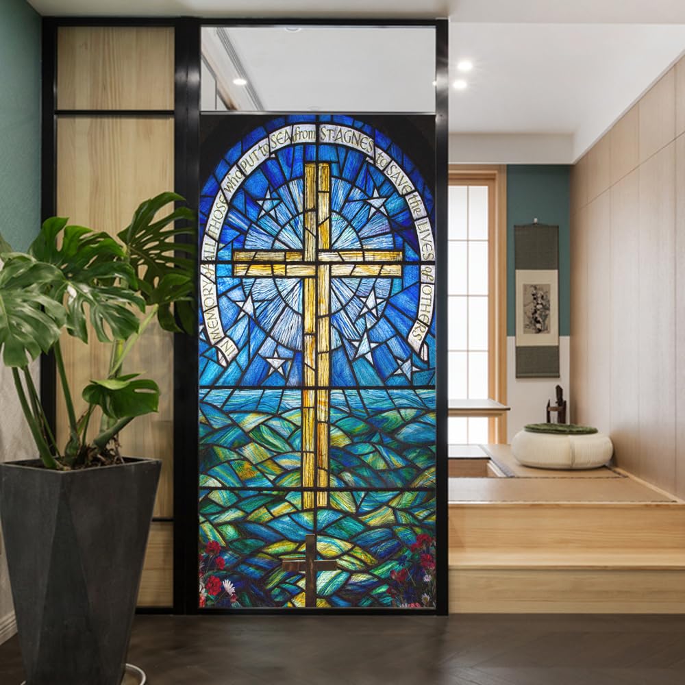 Privacy Window Film Cross Church Stained Glass Static Cling Window Treatments Window Coverings Glass Sticker Decorative Film for Siding Glass Door Home Decor 23.6