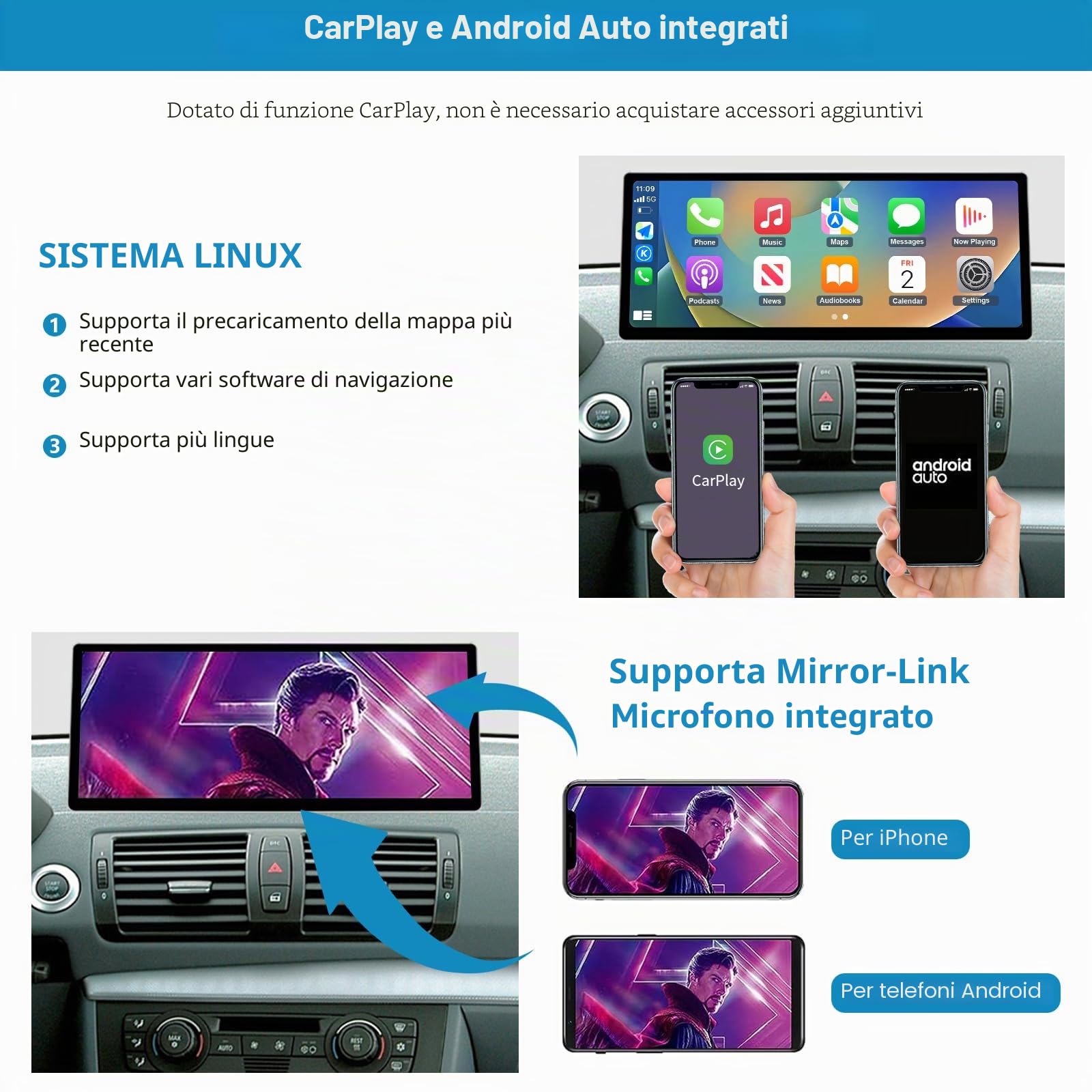 Autoradio touchscreen da 12,3 pollici per BMW Serie 1 E81/E82/E87/E88 2004-2008 con sistema CCC, supporta Apple CarPlay/Android Auto/Mirrorlink/Navigazione, aggiornamento autoradio