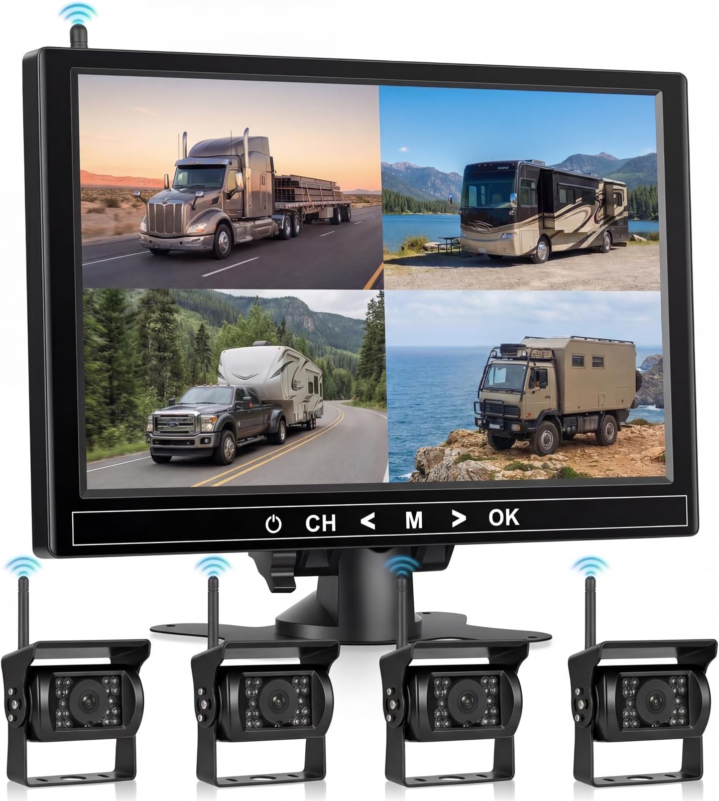 Wireless Backup Camera for Truck - 4 Channel Split Screen 9" HD Monitor with Night Vision, Waterproof Rear View Camera, 100m Wireless Transmission, 12v-36v Blind Spot Detection, for RV/SUV/Car