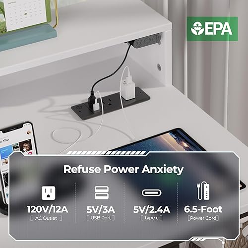 Miniatura 5 de Rolanstar Escritorio para computadora de 55 pulgadas con luces LED y tomas de corriente, escritorio con estantes de almacenamiento, escritorio de