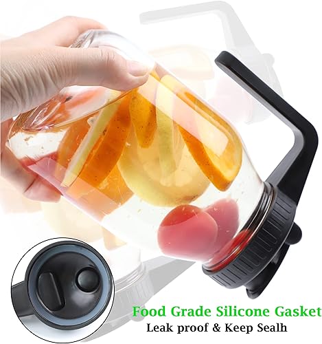 Miniatura 6 de Tarro Mason de boca regular con asa, paquete de 4 tapas de plástico reutilizables, sello hermético y a prueba de fugas, convierte tu tarro Mason en