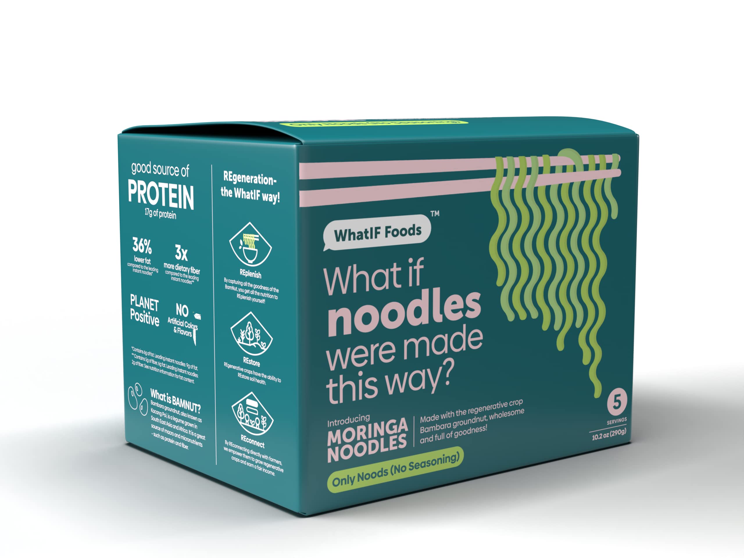 Healthy Instant Moringa Noodles Unflavored | 17g Protein & 5g Fiber, Vegan, Air Fried, Lower Sodium, | For Ramen, Wok, Stir Fry | Quick Cooking 5 Pack by WhatIF Foods