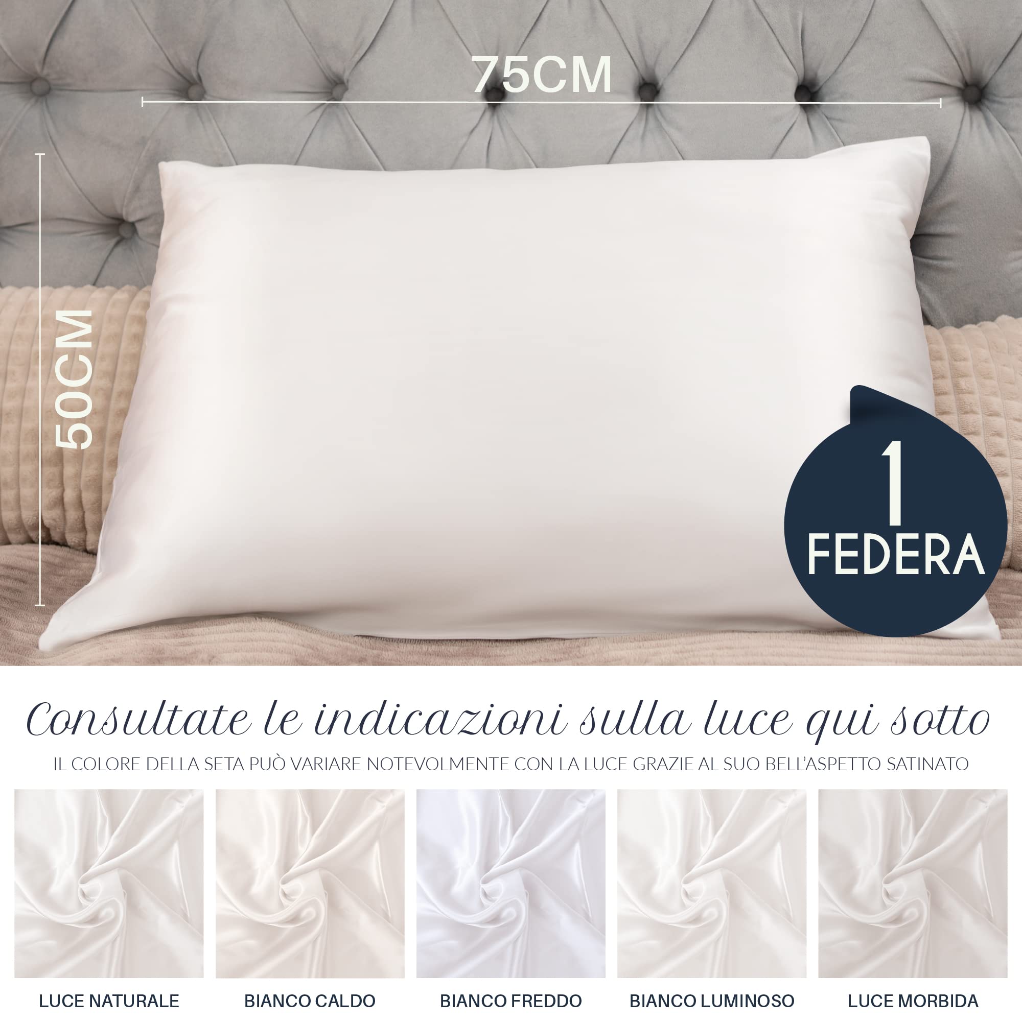 Federa Seta Cuscino 50x75 Dreamzie - 100% Seta Naturale di Gelso 19 Momme - Federe Seta Antiacaro e Ipoallergenico - Blanc