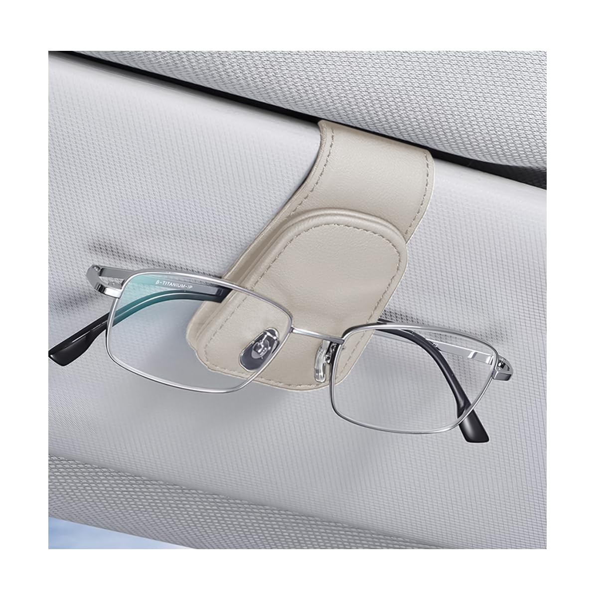 AICEL Sunglasses Holders for Car Sun Visor, Leather Eyeglasses Hanger Mounter, Magnetic Glasses Holder and Ticket Card Clip, Auto Interior Accessories Universal for SUV Pickup Truck (Light Beige)