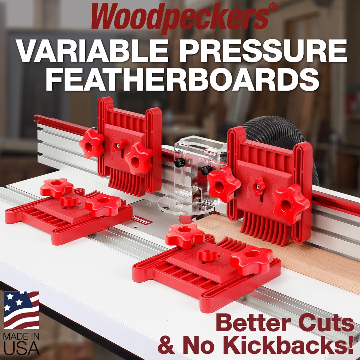 Woodpeckers Variable Pressure Featherboard 2 Pack, Adjustable Pressure Featherboards for Router Tables & Table Saws, Easy Tension Control, T-Track Compatible, American Made Woodworking Accessory