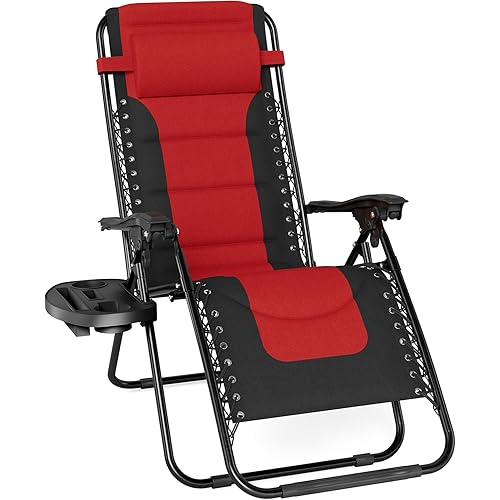 PHI VILLA Oversized Padded Zero Gravity Lounge Chair Folding Patio Recliner with Adjustable Headrest & Cup Holder, Support 350 LBS (Red)