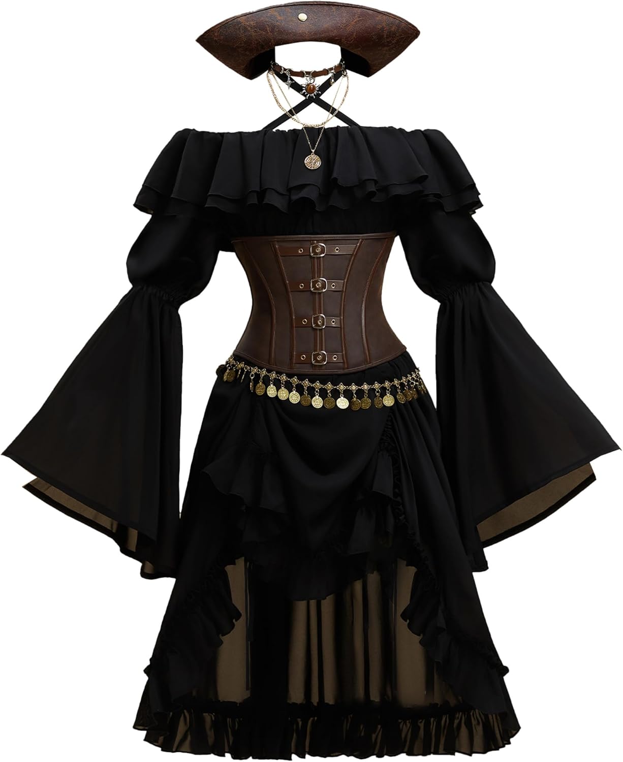 MEOWCOS Women's Halloween Costume Black Pirate Style Suit Strapless Dress with Corset and Hat Medieval Dress