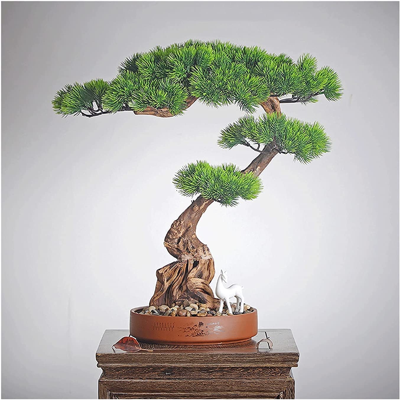 CAFIEDR Artificial Bonsai Pine Tree, 17-Inch Fake Podocarpus Potted Plant, Home Office Display Fake Plant Decoration.