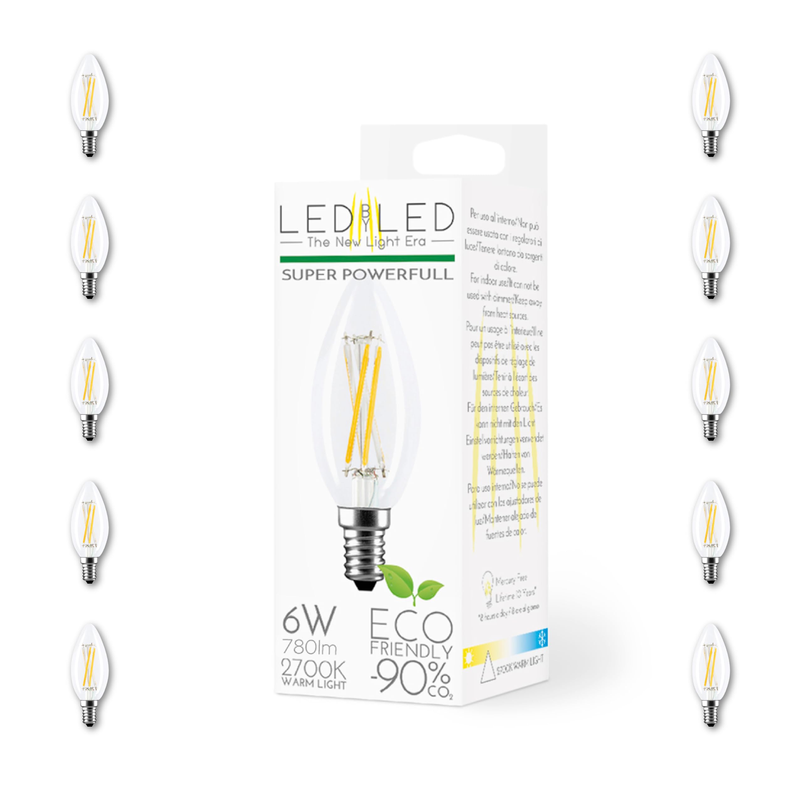 Ampoule Olive 6W Équivalent à 60W, E14, Verre Transparent, 2700K Lumière Chaude, filament LED droit, 780 Lumens, Lot de 10 pièces