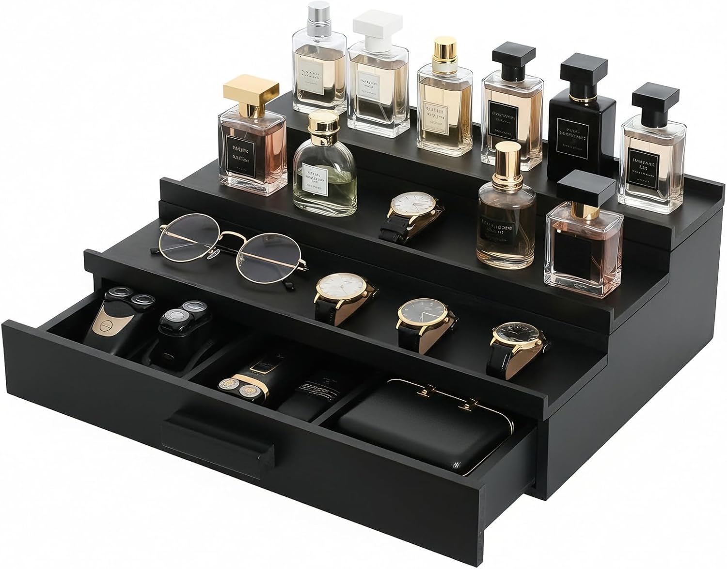 Cologne Organizer for Men,Wood Nightstand Organizer with Drawer and Hidden Compartments, Cologne Stand,Dresser Drawer Organizers,Organizador de Perfumes,Perfume Stand Organizer for Bedroom,Black