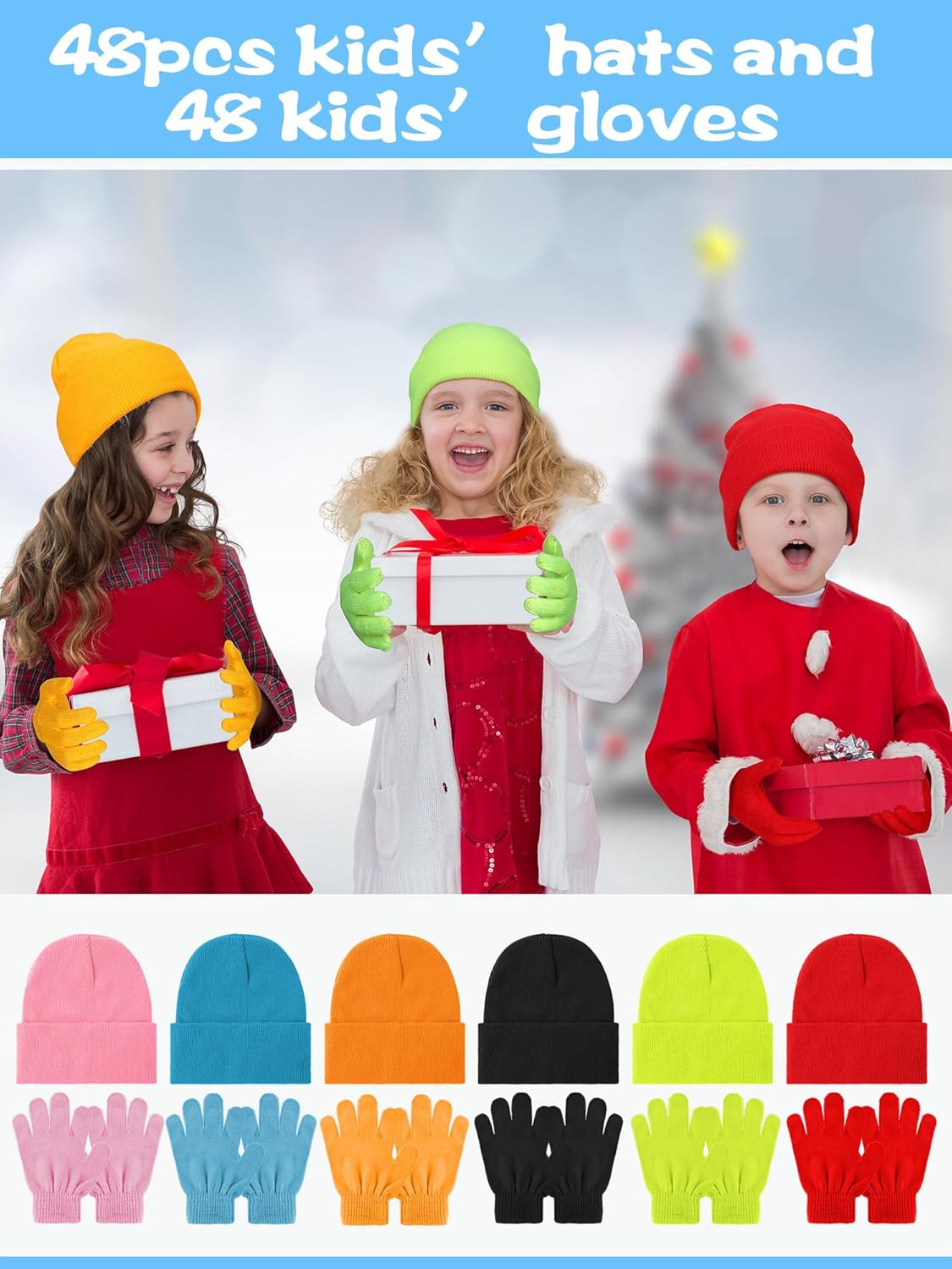Retisee 96 pcs Kids Winter Beanie and Gloves Set Knit Hat Bulk Unisex Magic Warm Gloves Cap for Boys Girls Homeless Gift(Mixed Color)
