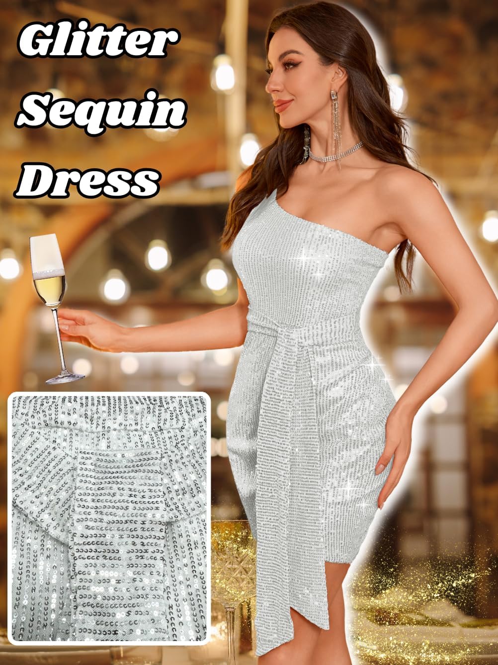 Kaei&Shi Sequin Cocktail Dress,One Shoulder Tie Front Sparkly Mini Dresses Women,Sexy Holiday Party Outfit Homecoming Nye - Image 2
