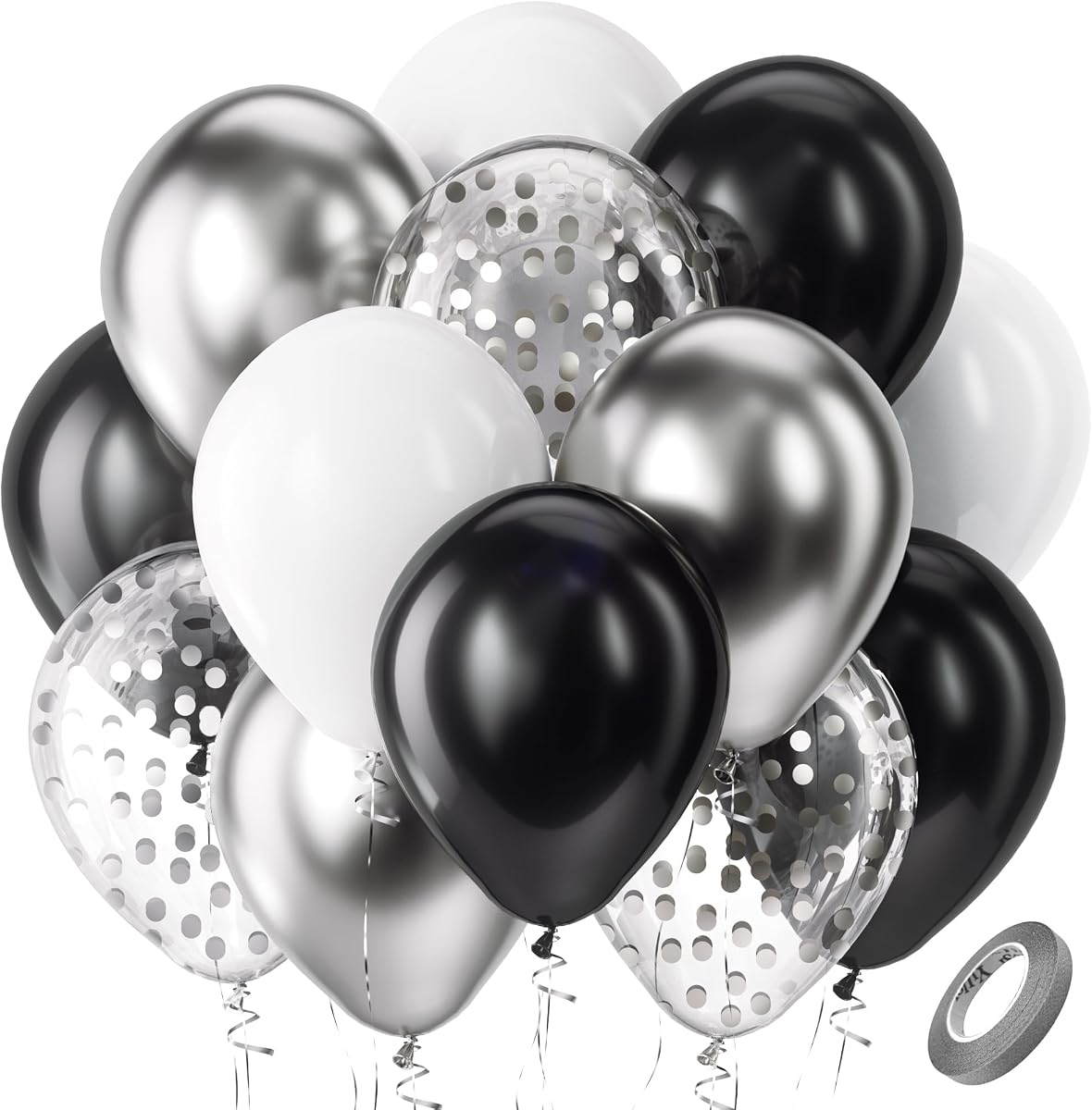 Black Silver and White Confetti Balloons Set 60pcs 12 inch | Metallic Chrome Balloons for New Year Birthday Baby Shower Wedding Theme Party Decoration