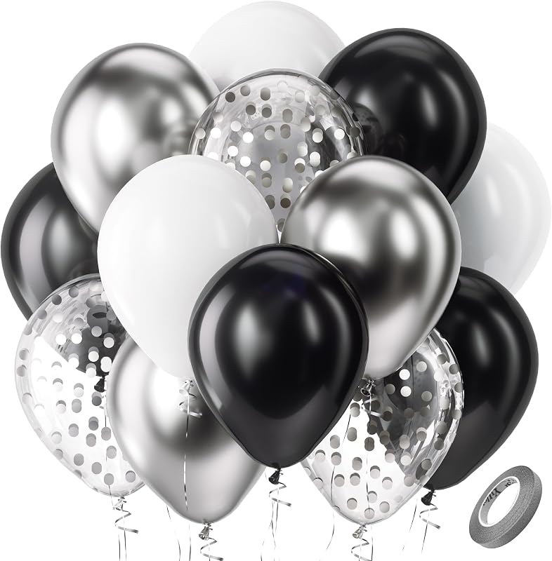 Black Silver and White Confetti Balloons Set 60pcs 12 inch | Metallic Chrome Balloons for New Year Birthday Baby Shower Wedding Theme Party Decoration