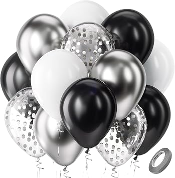 Bezente Black Silver Confetti Latex Balloons,60pcs 12 inch Black White Silver Metallic Chrome and Confetti Balloons for New Year Birthday Baby Shower Wedding Theme Party Decoration