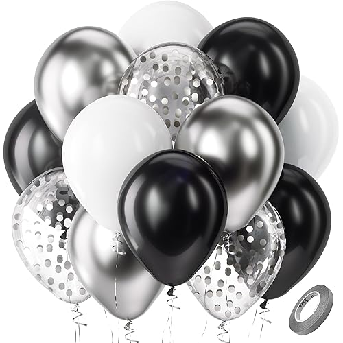 Bezente Black Silver Confetti Latex Balloons,60pcs 12 inch Black White Silver Metallic Chrome and Silver Confetti Balloons for Birthday, Baby Shower, Wedding, and Silver Theme Party Decoration