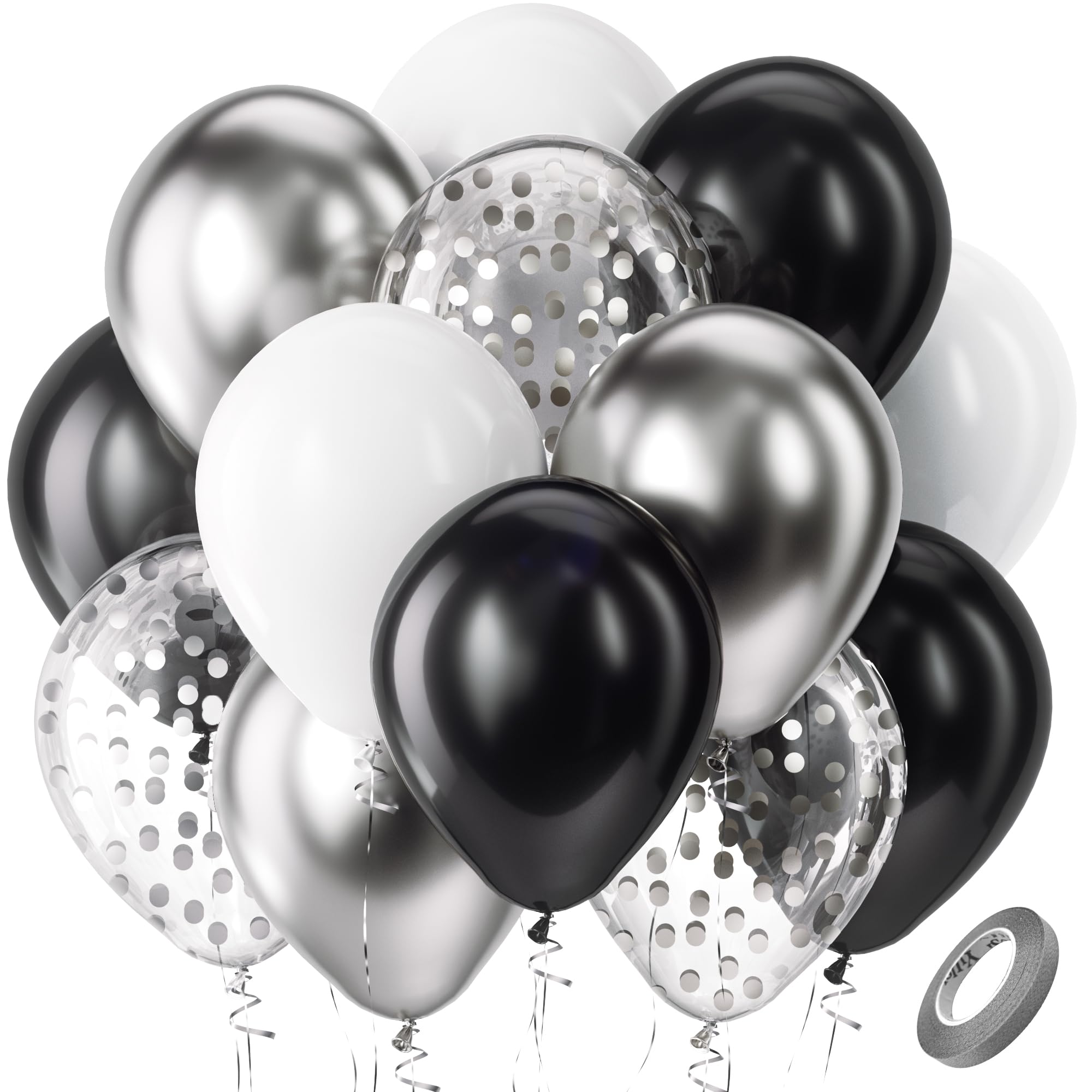 Bezente Black Silver Confetti Latex Balloons,60pcs 12 inch Black White Silver Metallic Chrome and Confetti Balloons for New Year Birthday Baby Shower Wedding Theme Party Decoration