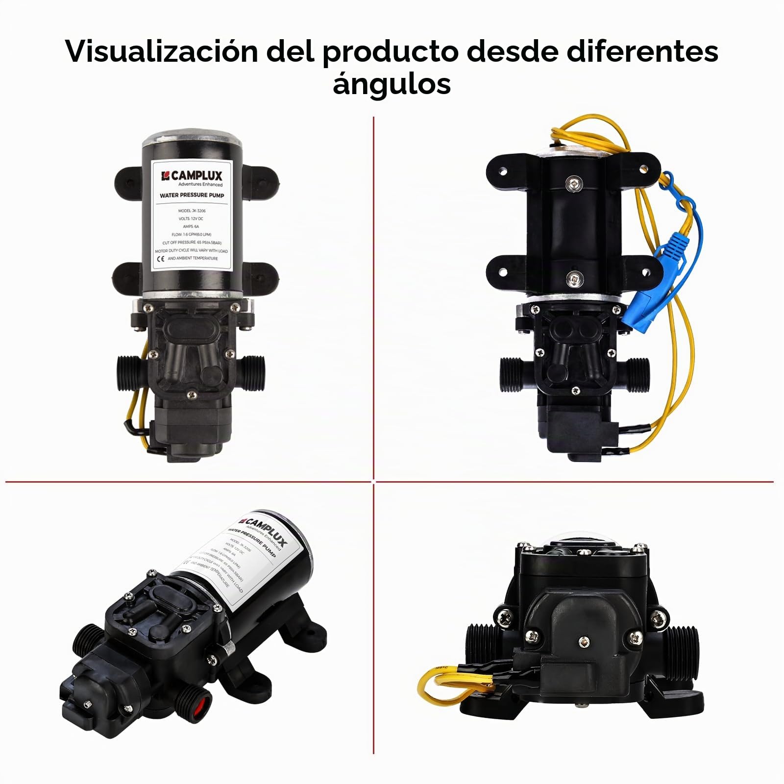 CAMPLUX Paquete de Bomba de Agua 6 Litros, 12 V CC, para RV/Jardí/Barco/Riego/Pulverización, 4,5 Bar/ 65 PSI