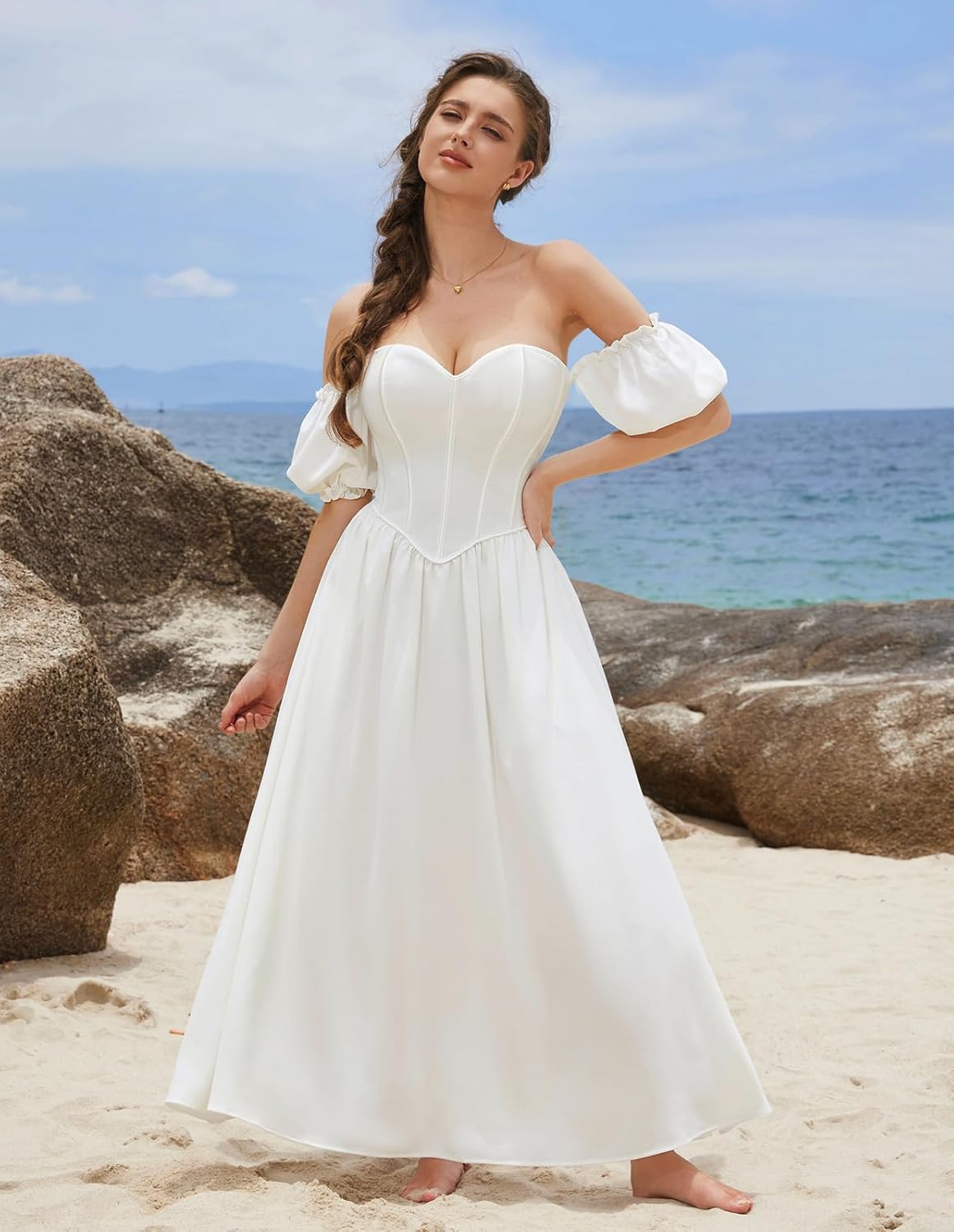 Scarlet Darkness Women Off Shoulder Corset Dress Sweetheart Fishboned Puff Sleeve Renaissance Dress - Image 8