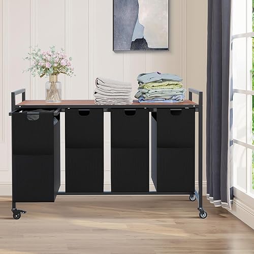 Miniatura 6 de Cesta de lavandería clasificadora de ropa sucia de 4 secciones con ruedas, carrito de lavandería con ruedas, organizador de ropa con estante y 4