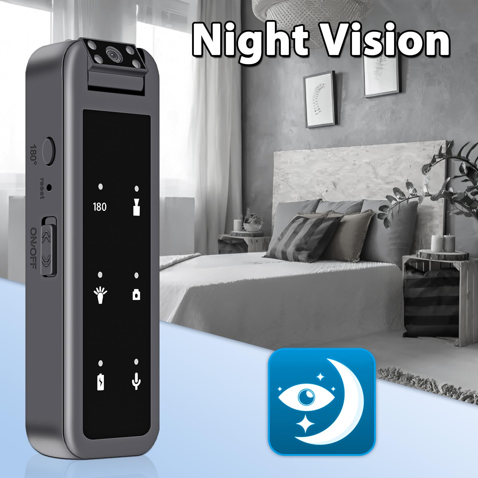 Body Cam Objectif Rotatif Caméra Espion 180° 64G avec Vidéo et Audio HD 1080P Mini Camera à Vision Nocturne Camera Portable Enregistrement Vidéo & Audio - pour Extérieur, Police, Vélo