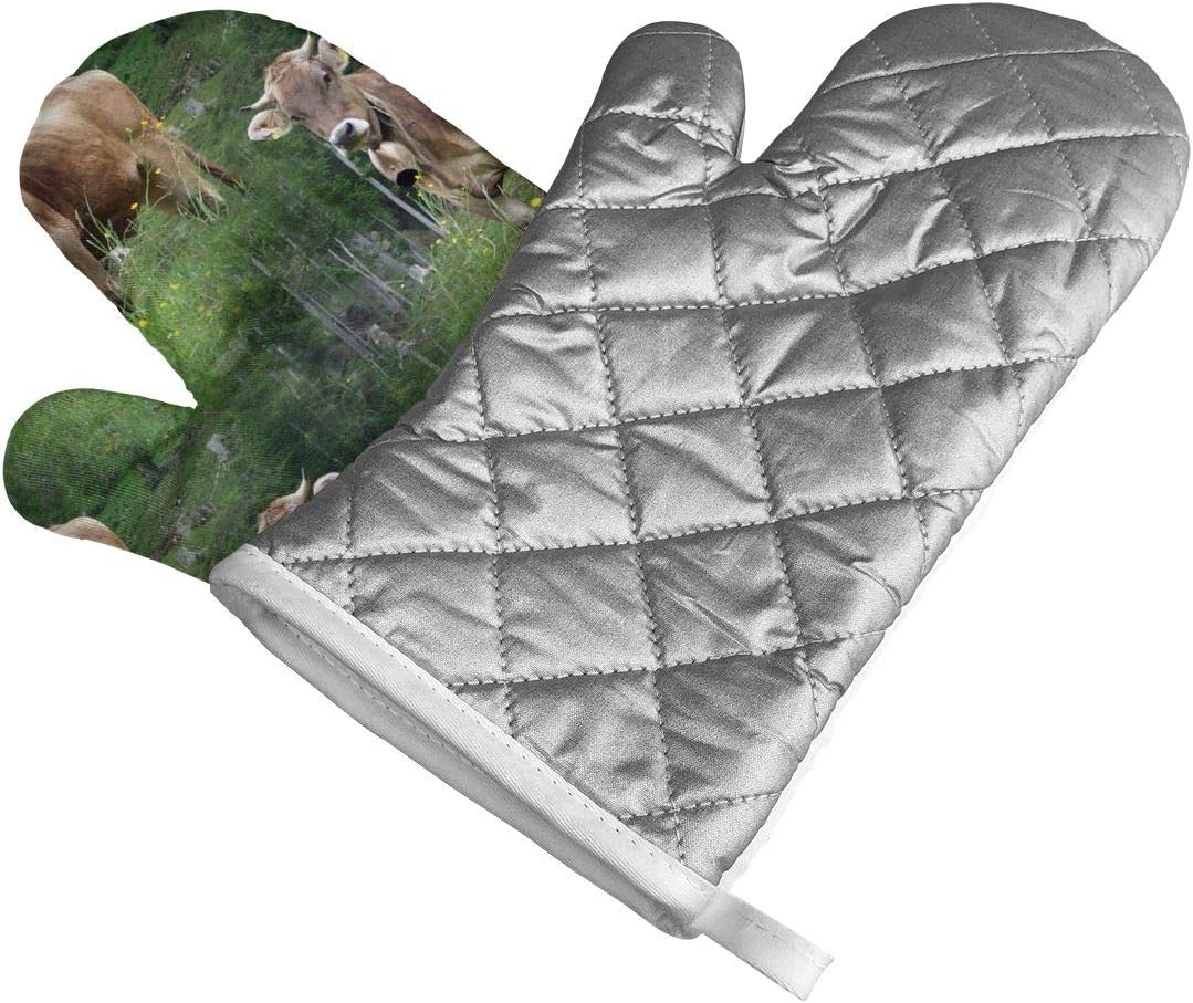 Malsjk8 Real Swiss Cow Brown Oven Mitts of Quilted Cotton Lining Heat Resistant