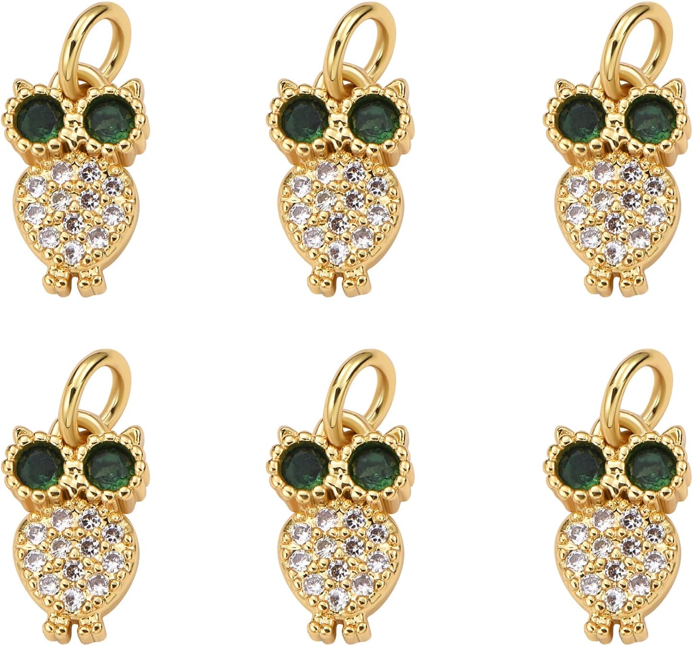 6 Pieces Owl Charm Pendant Owl Cubic Zirconia Charms Pendant Real 18K Gold Plated for Jewelry Necklace Bracelet Earring Making Craft