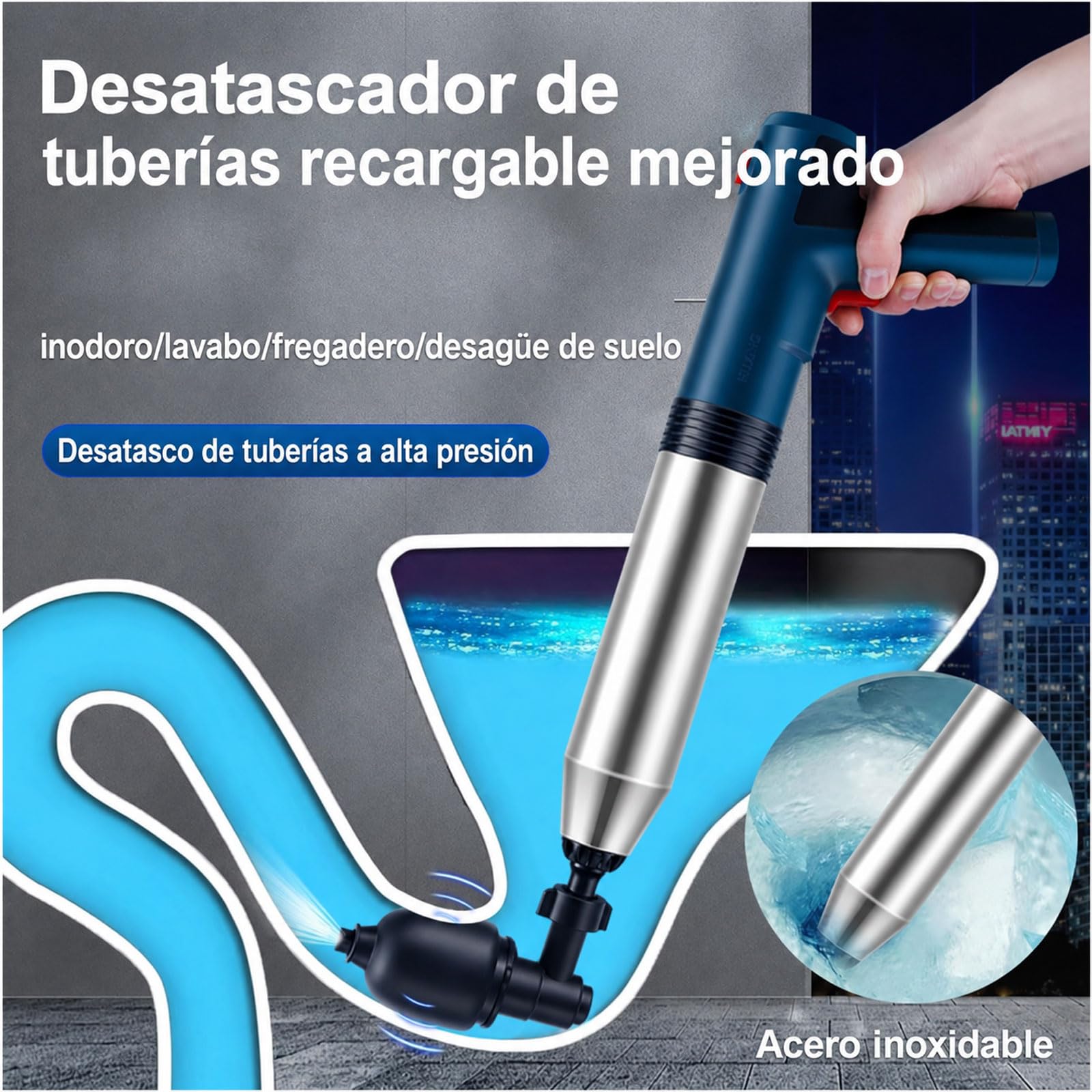 Pistola de émbolo de inodoro de mano, equipo de dragado de tuberías de 10 bar con juego de herramientas, limpiador de tuberías inalámbrico de alta presión con 2 baterías, para inodoro, fregadero