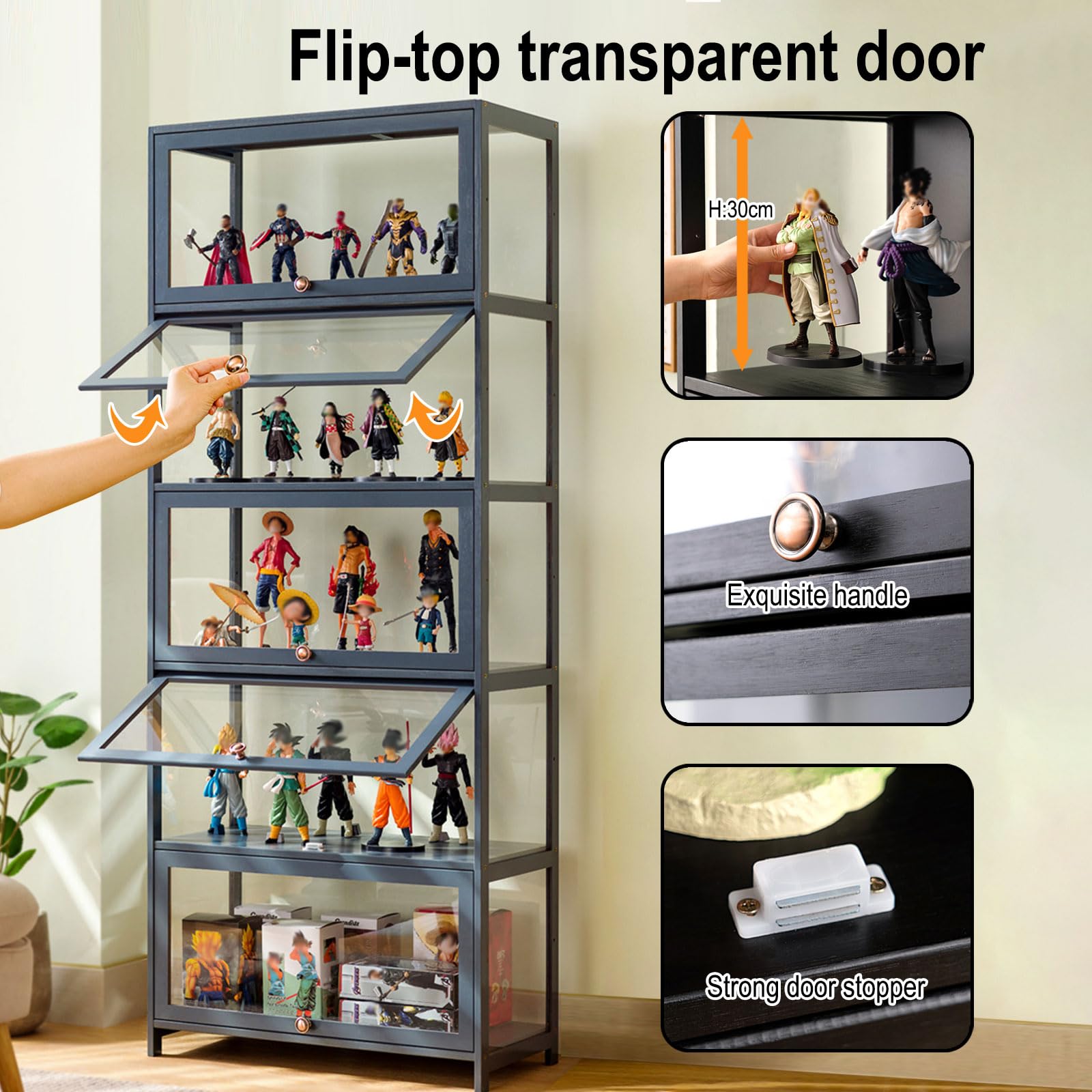 Vetrina Espositiva In Bambù - 70x32x106 Cm, Porte A Ribalta, Antipolvere, Per Collezionismo