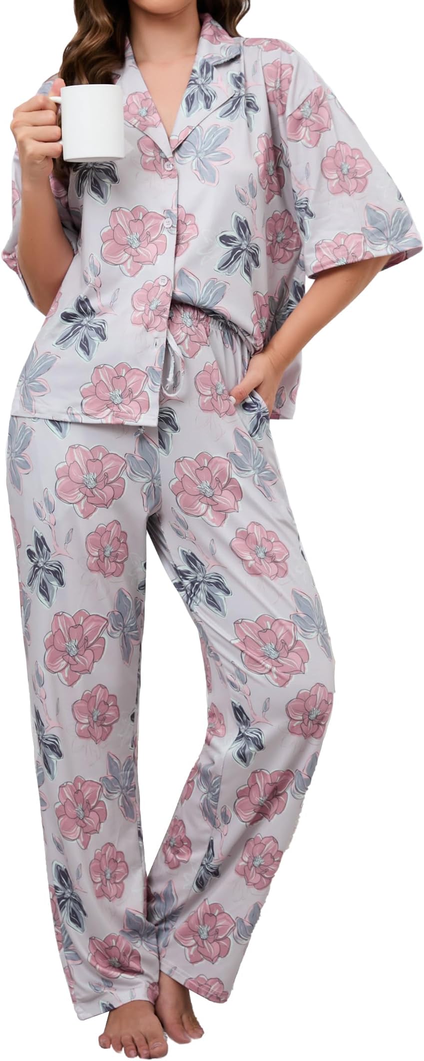 FamulilyWomens Cute Pajama Set Short Sleeve Sleepwear and Comfy Pjs Pant Soft Lounge Sets with Pockets S-XXL