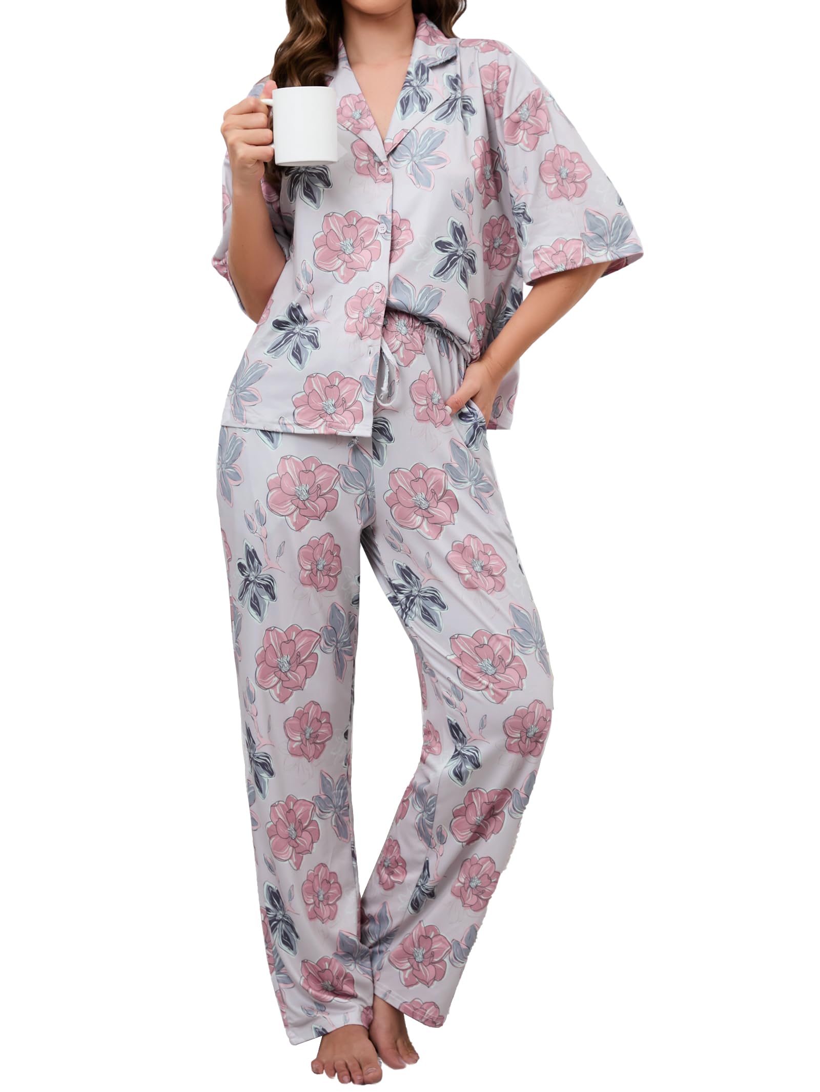 FamulilyWomens Cute Pajama Set Short Sleeve Sleepwear and Comfy Pjs Pant Soft Lounge Sets with Pockets S-XXL