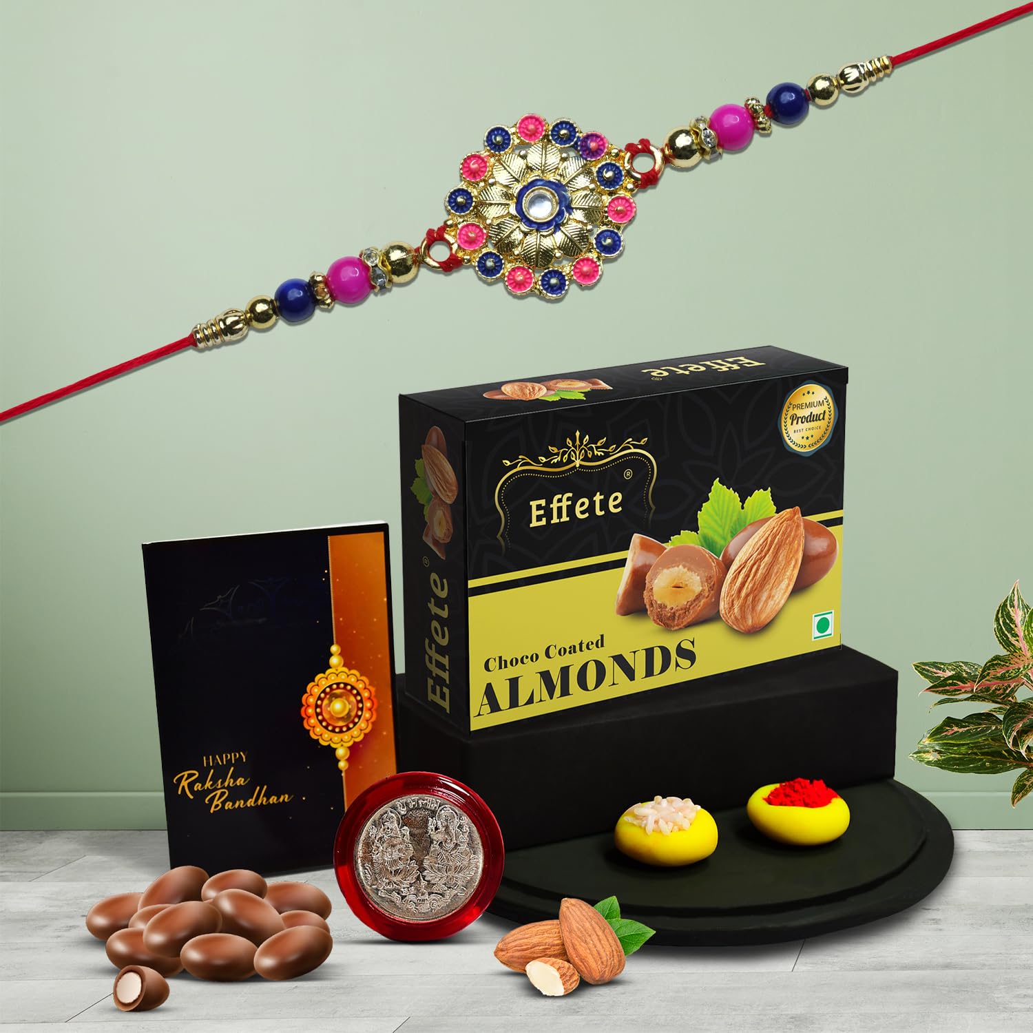 Garth Pink and Blue Floral Design Rakhi (K1_844_CA32) & Chocolate Almonds 32gm, Rakhi for brother with gift, Rakhi with chocolate, rakhi combo for brother, Set of 1 Rakhi-image-27