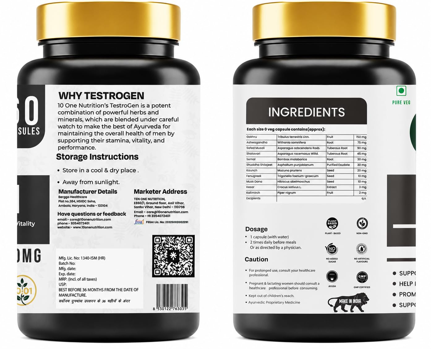 Testrogen Gold Testosterone Support Capsules for Men | Ashwagandha, Safed Musli, Shilajit & Gokhru | Stamina, Strength, Energy & Muscle Growth | 60 Veg Capsules | Ayurvedic Formula — Amazon image 2