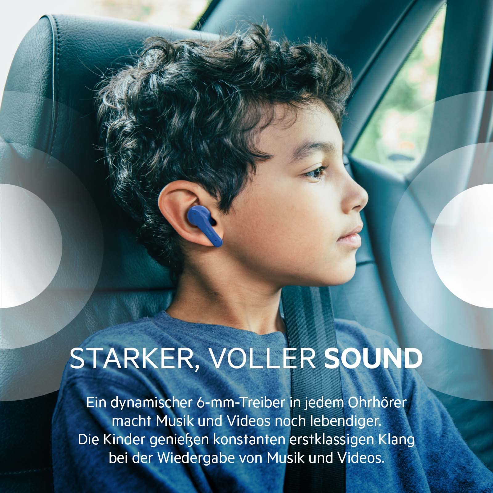 Belkin SOUNDFORM Nano, Bluetooth-Kopfhörer für Kinder, kabellos, 85-dB-Begrenzung zum Gehörschutz, Online-Unterricht, Schule, IPX5-zertifiziert, 24 Std – Blau, One Size, PAC003btBL | In-Ear-Bluetooth-Ohrhörer für Kinder ab 7 Jahren, 85 dB Lautstärkebegren