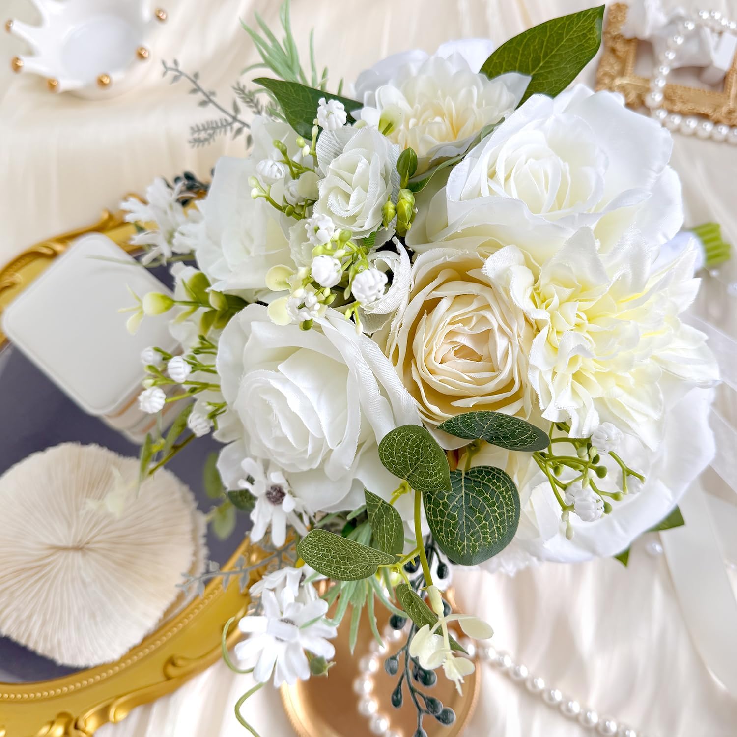 9 Inch Ivory White Wedding Bouquets for Bride Bridesmaid Champagne Rose Bridal Bouquet Artificial Fake Silk Cream Flowers Pearl Chains French Vintage Boho Rustic Church Decoration Toss Bouquet Prom
